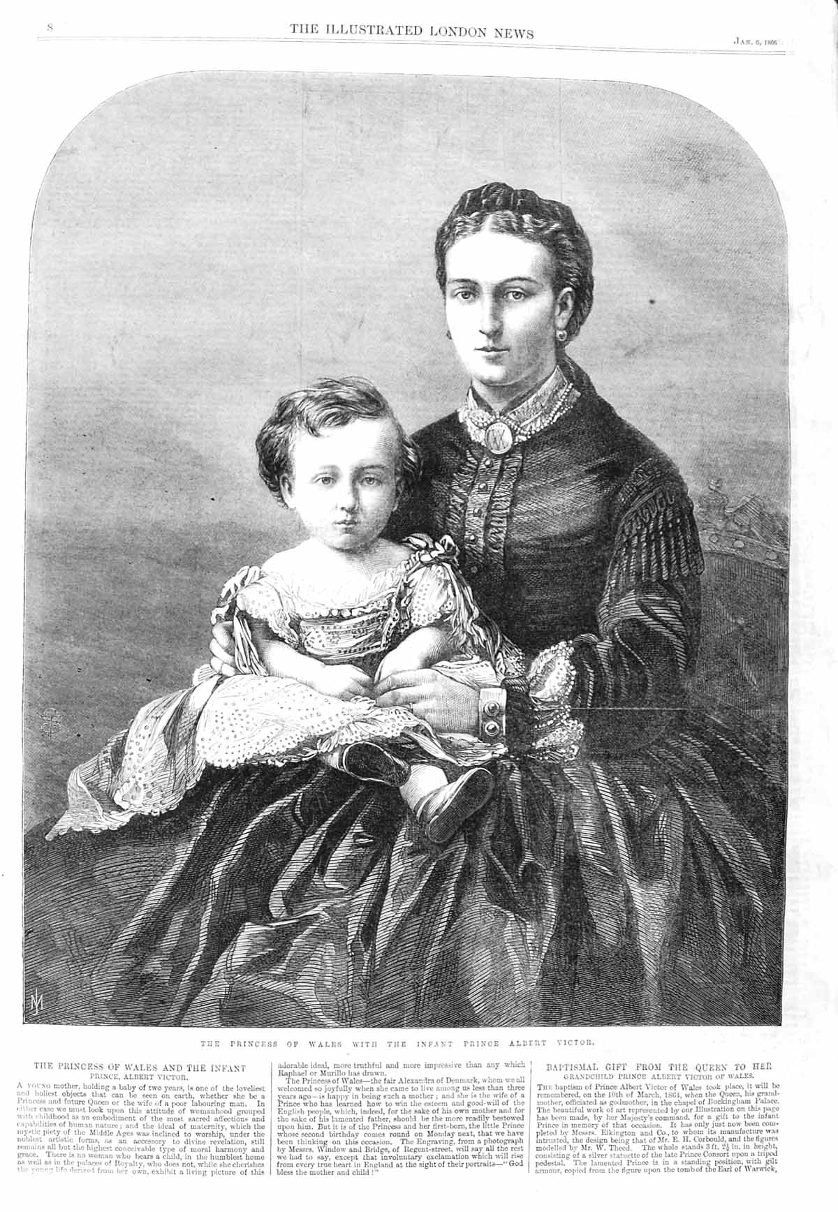 Old Antique Print 1866 Portrait Princess Wales Baby Prince Albert Victor 19th