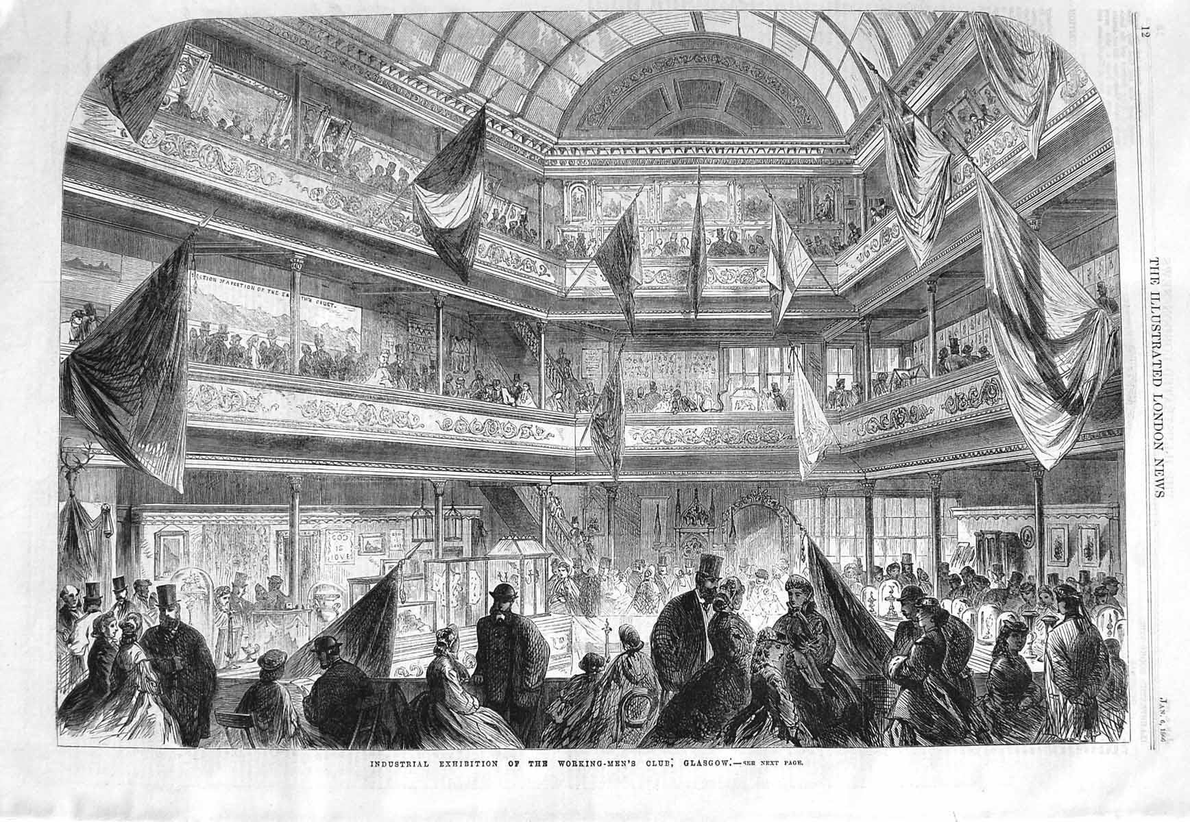 Original Old Antique Print 1866 Industrial Exhibition Working Mens Club Glasgow