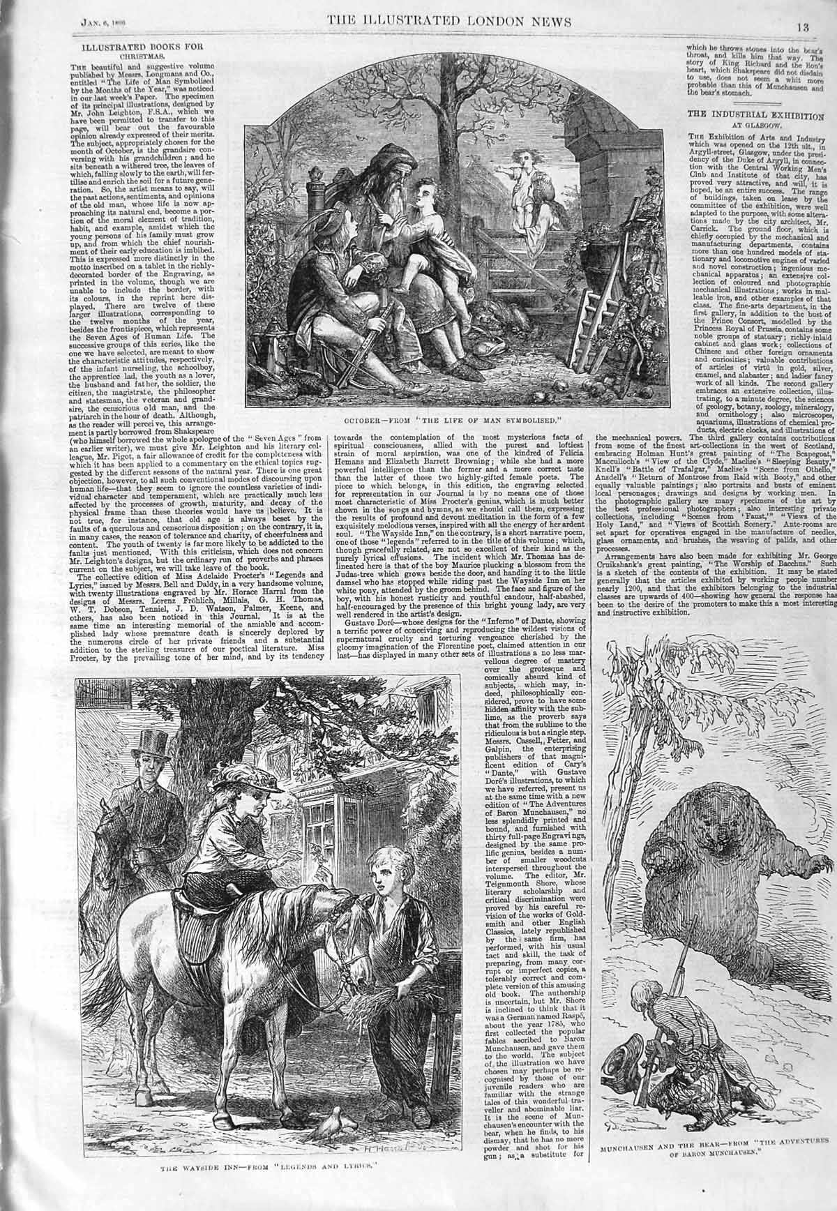 Old Antique Print 1866 Wayside Inn Munchausen Bear October Family Scene 19th