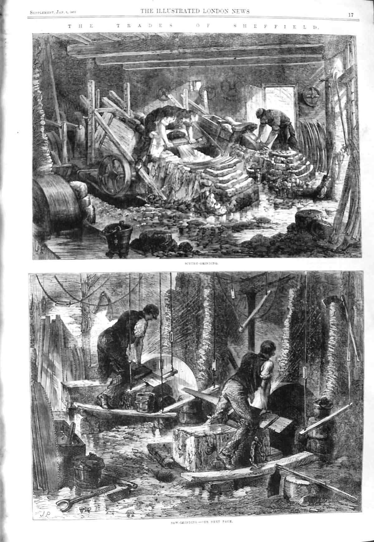 Original Old Antique Print 1866 Sheffield Steel Manufacture Scythe Saw Grinding