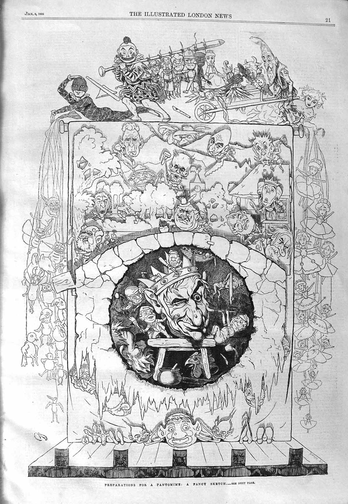 Original Old Antique Print 1866 Pantomime Preparations Fancy Sketch Characters