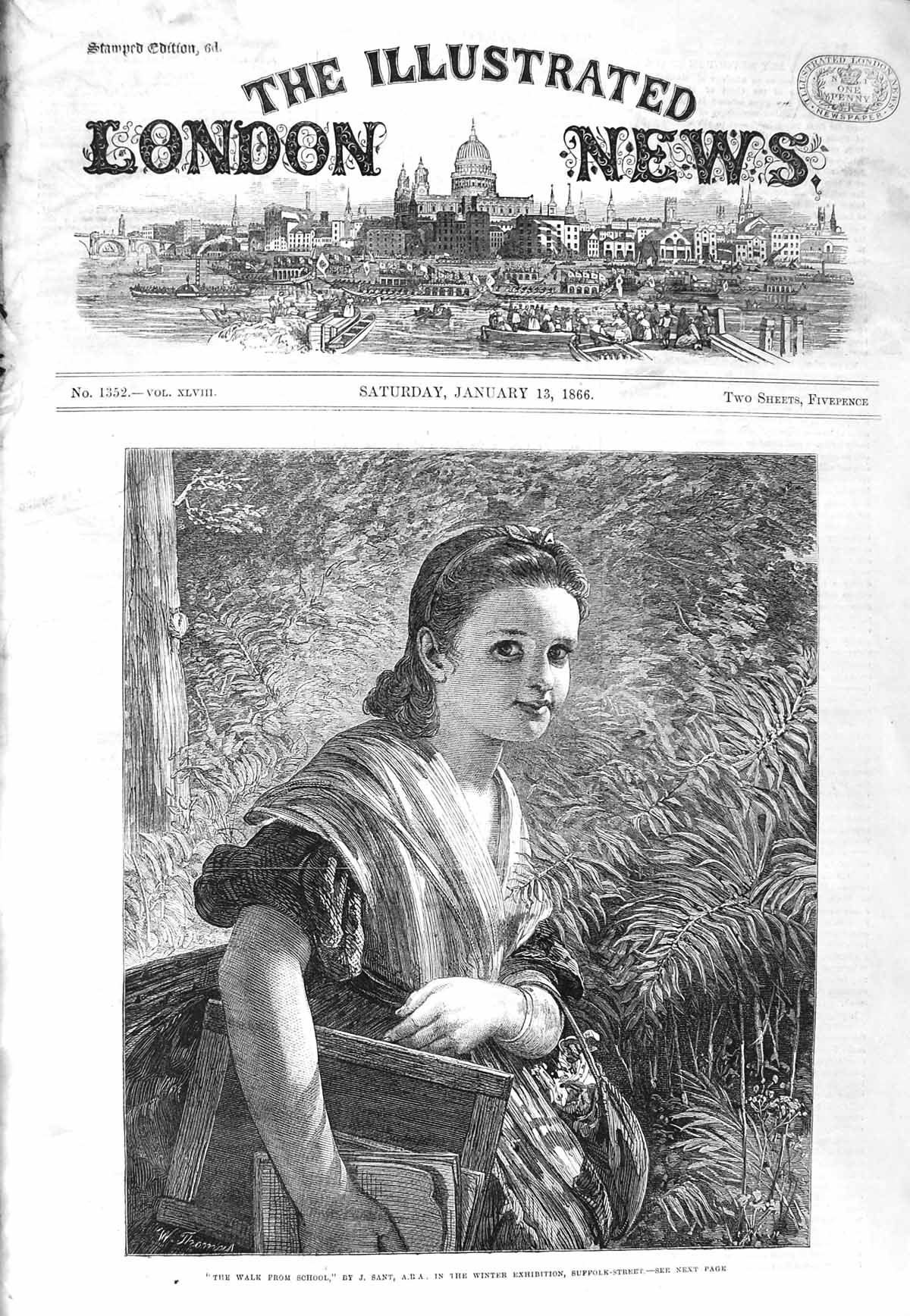 Original Old Antique Print 1866 Sant Fine Art Portrait Girl Walking Home School