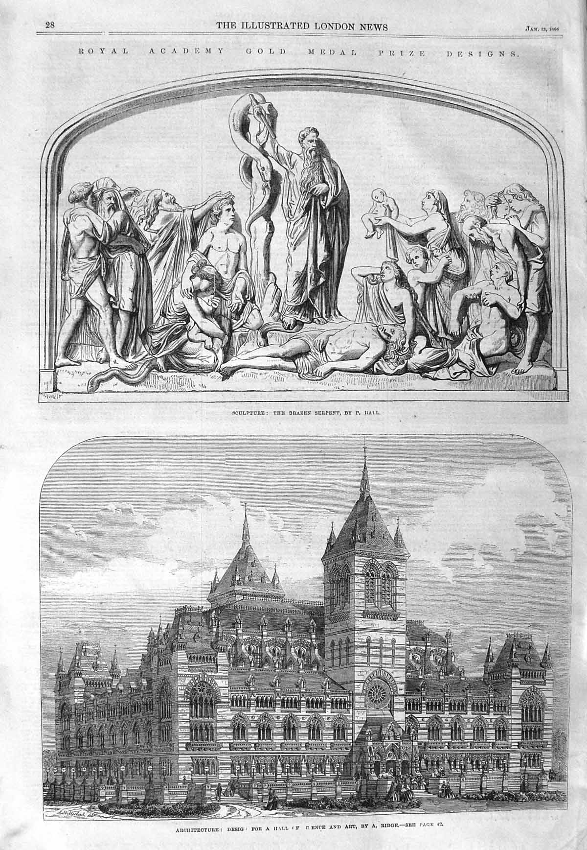 Original Old Antique Print 1866 Architecture Hall Art Sculpture Brazen Serpent