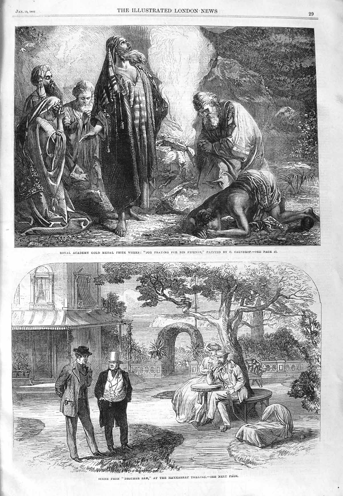 Old Antique Print 1866 Brother Sam Haymarket Theatre Job Praying Academy 19th