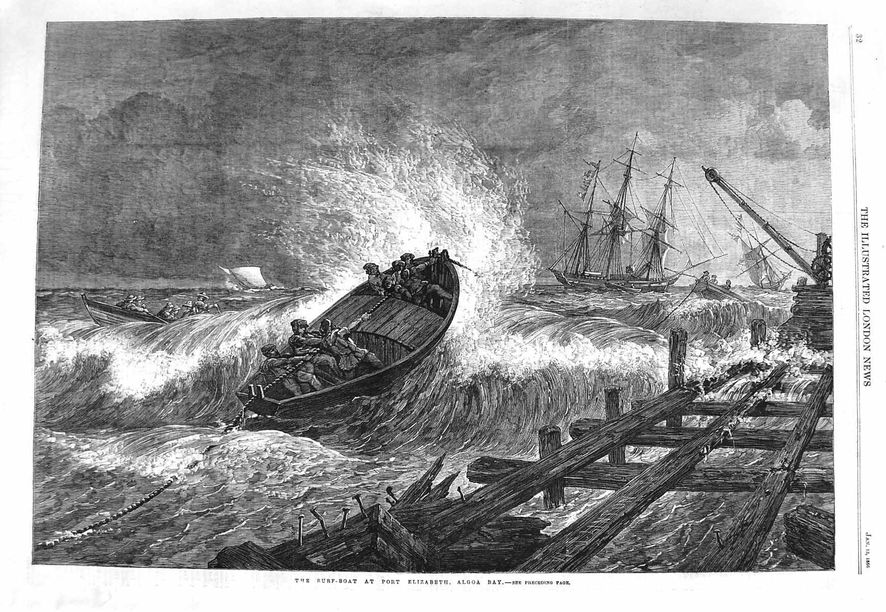 Original Old Antique Print 1866 Surf-Boat Port Elizabeth Algoa Bay Ships Storm