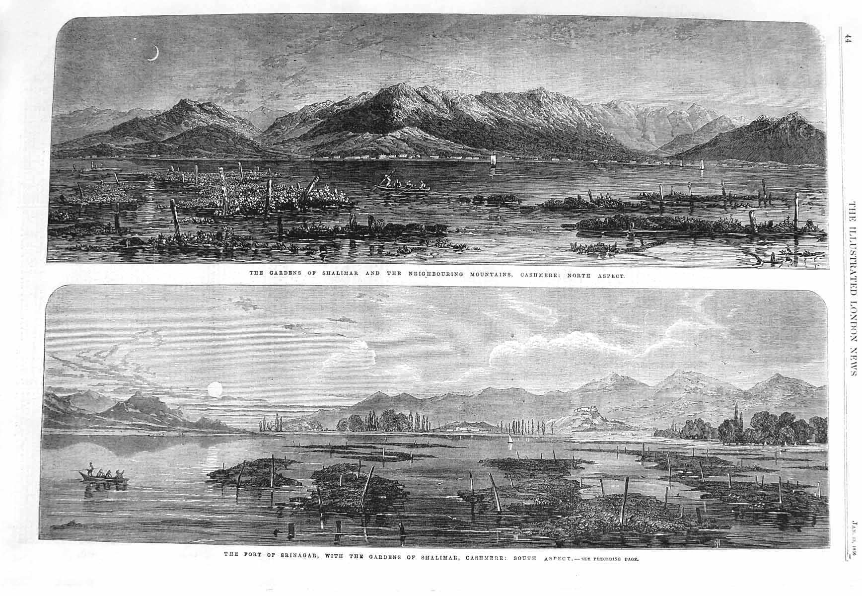 Old Antique Print 1866 Garden Shalimar Mountains Cashmere Srinagar Fort 19th