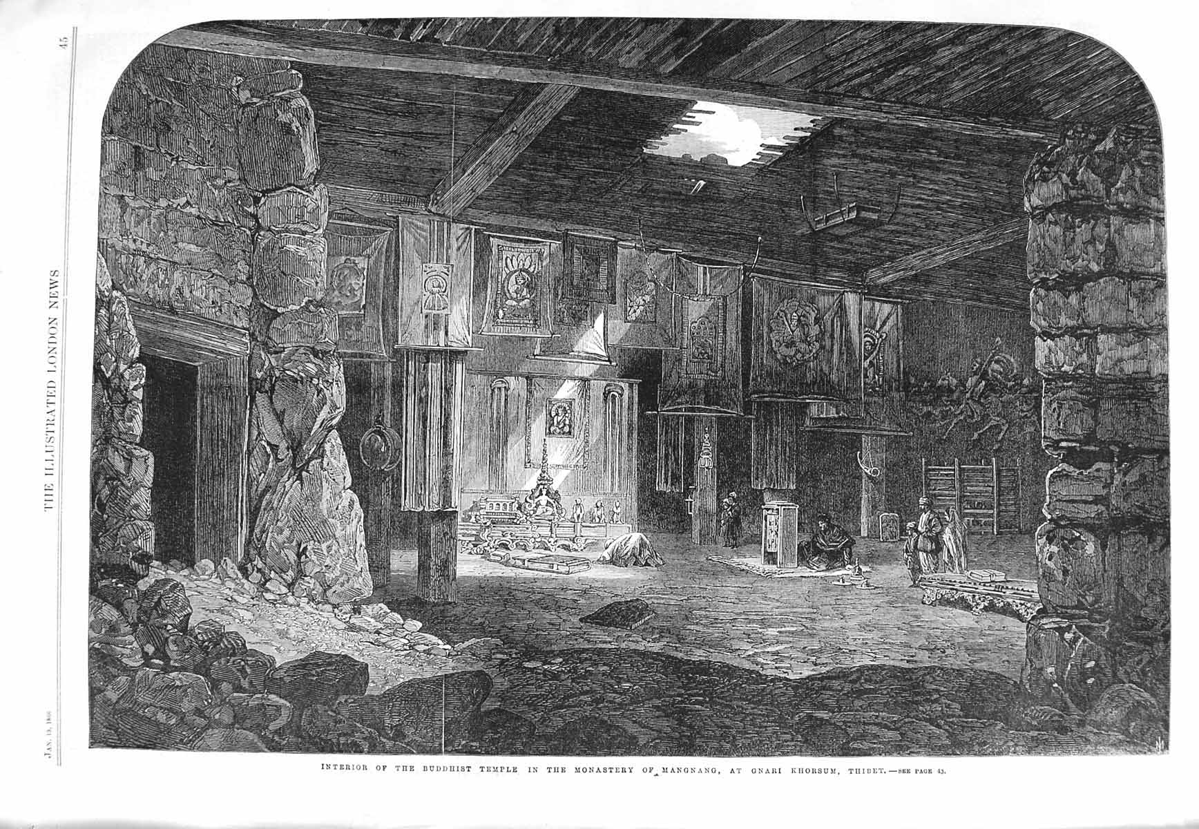 Old Antique Print 1866 Temple Buddhist Temple Monastery Mangnang Thibet 19th