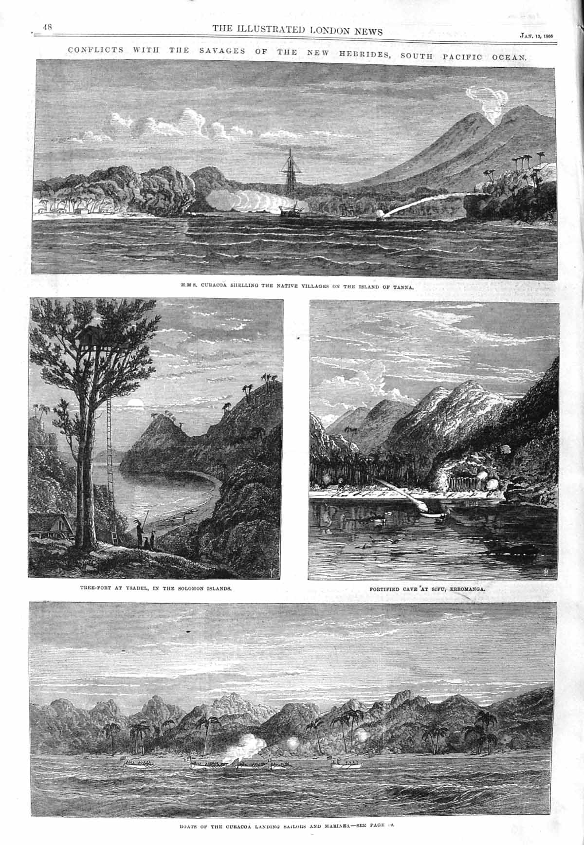 Original Old Antique Print 1866 Ship Curaco Island Tanna Erromanga Solomon 19th