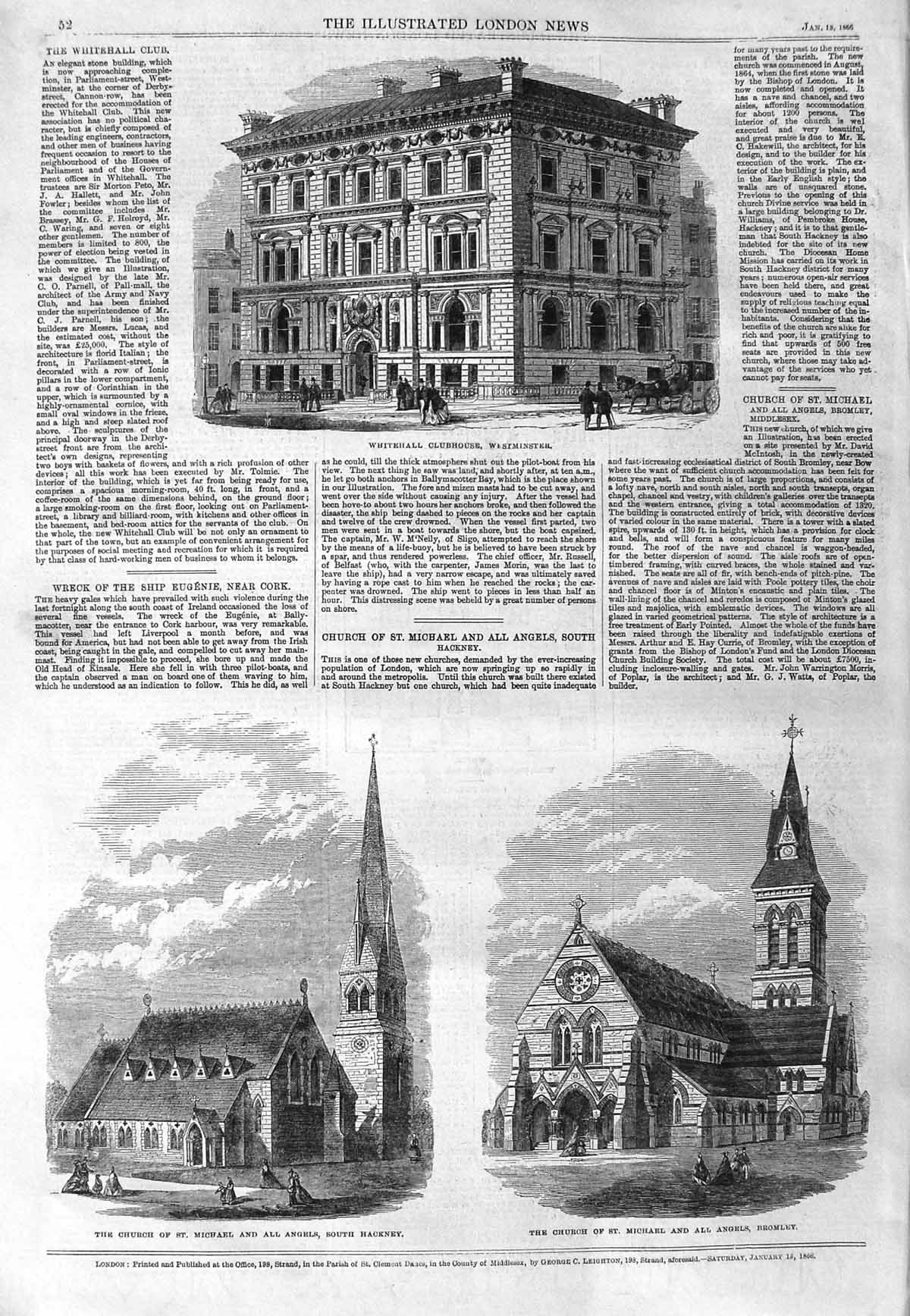 Old Antique Print 1866 Whitehall Clubhouse Westminster Church St. Michael 19th