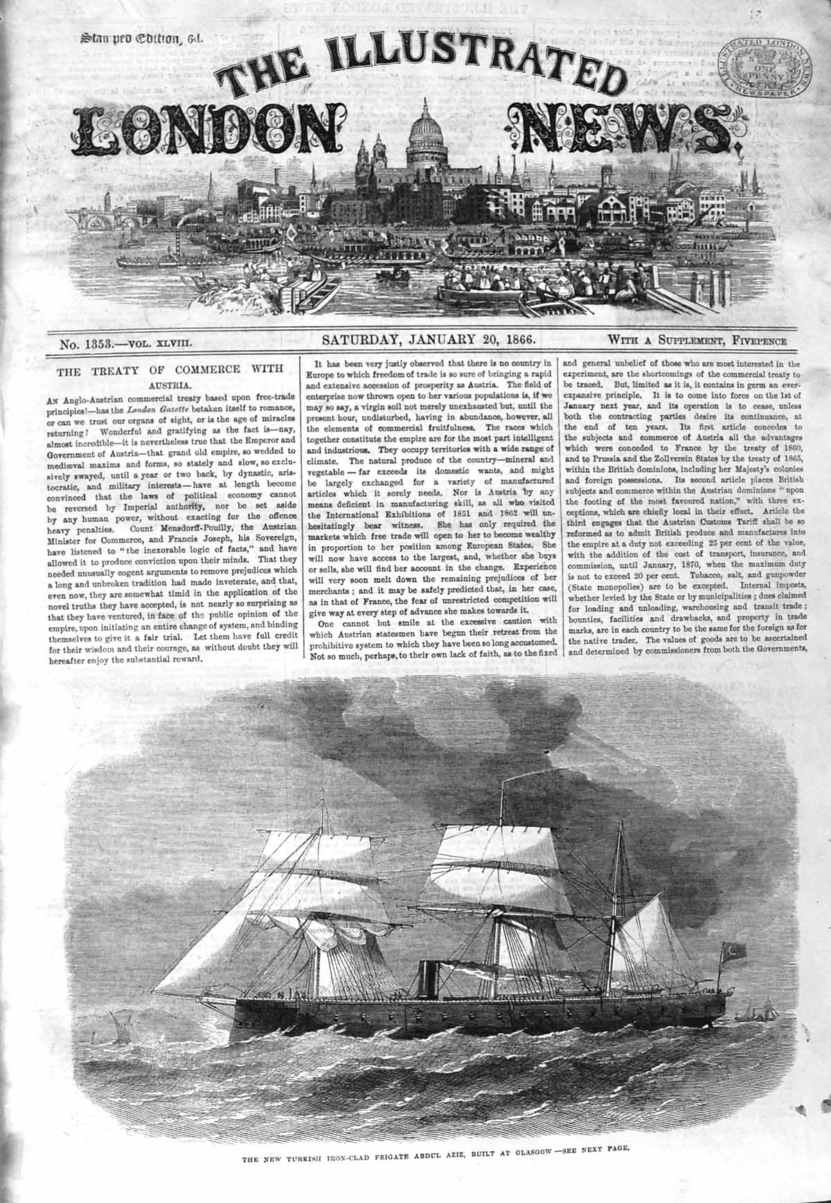 Original Old Antique Print 1866 Turkish Iron Clad Ship Abdul Aziz Glasgow 19th