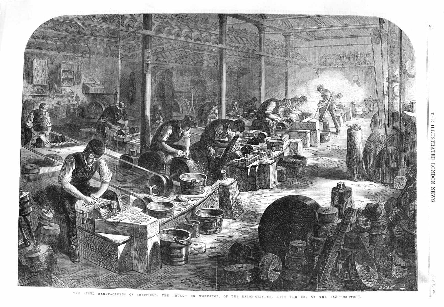 Original Old Antique Print 1866 Steel Manufacture Sheffield Workshop Razor 19th