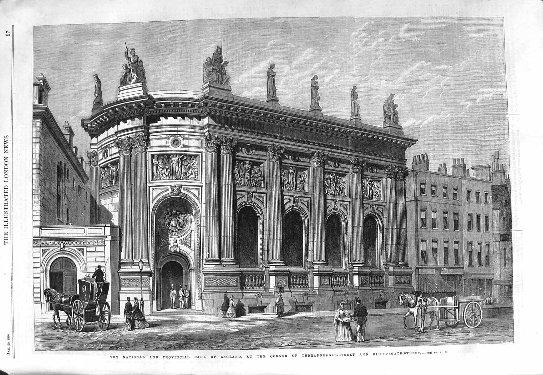Original Old Antique Print 1866 National Provincial Bank England Threadneedle