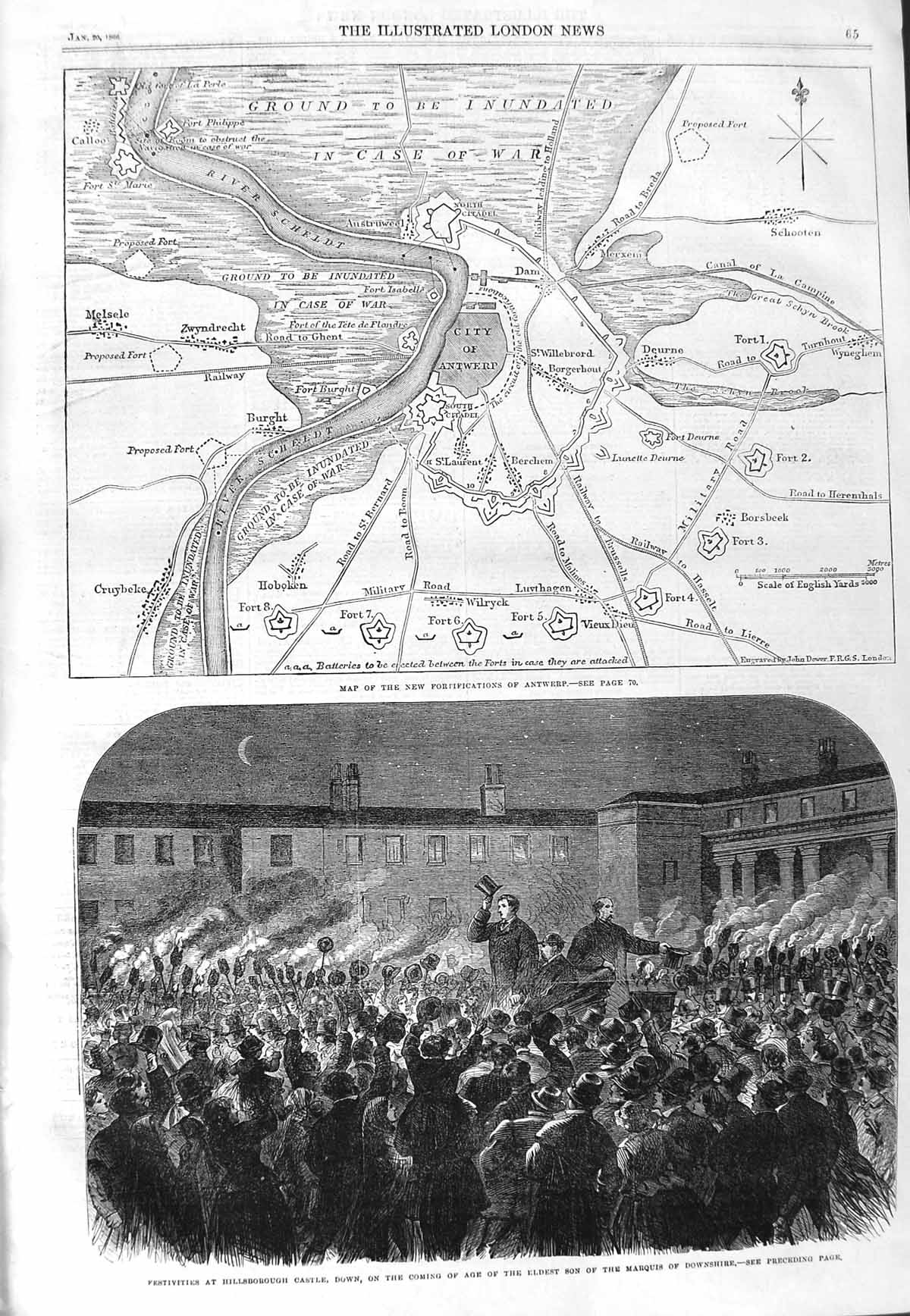 Old Antique Print 1866 Fortifications Antwerp Hillsborough Castle Marquis 19th
