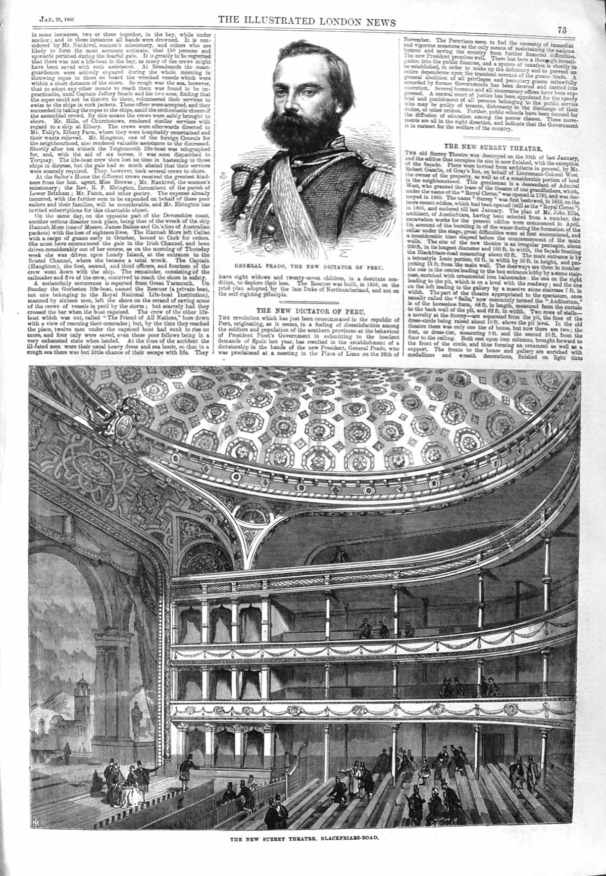 Original Old Antique Print 1866 General Prado Dictator Peru Theatre Blackfriars