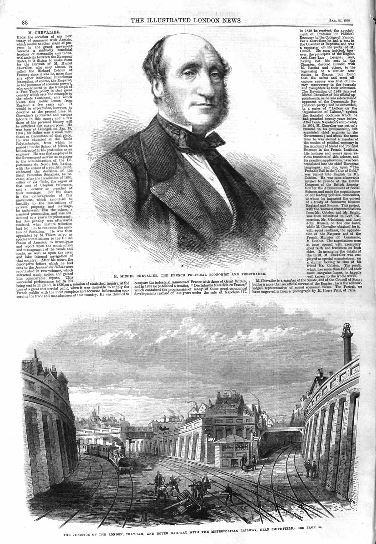 Old Antique Print 1866 Michel Chevalier Freetrader London Dover Railway 19th