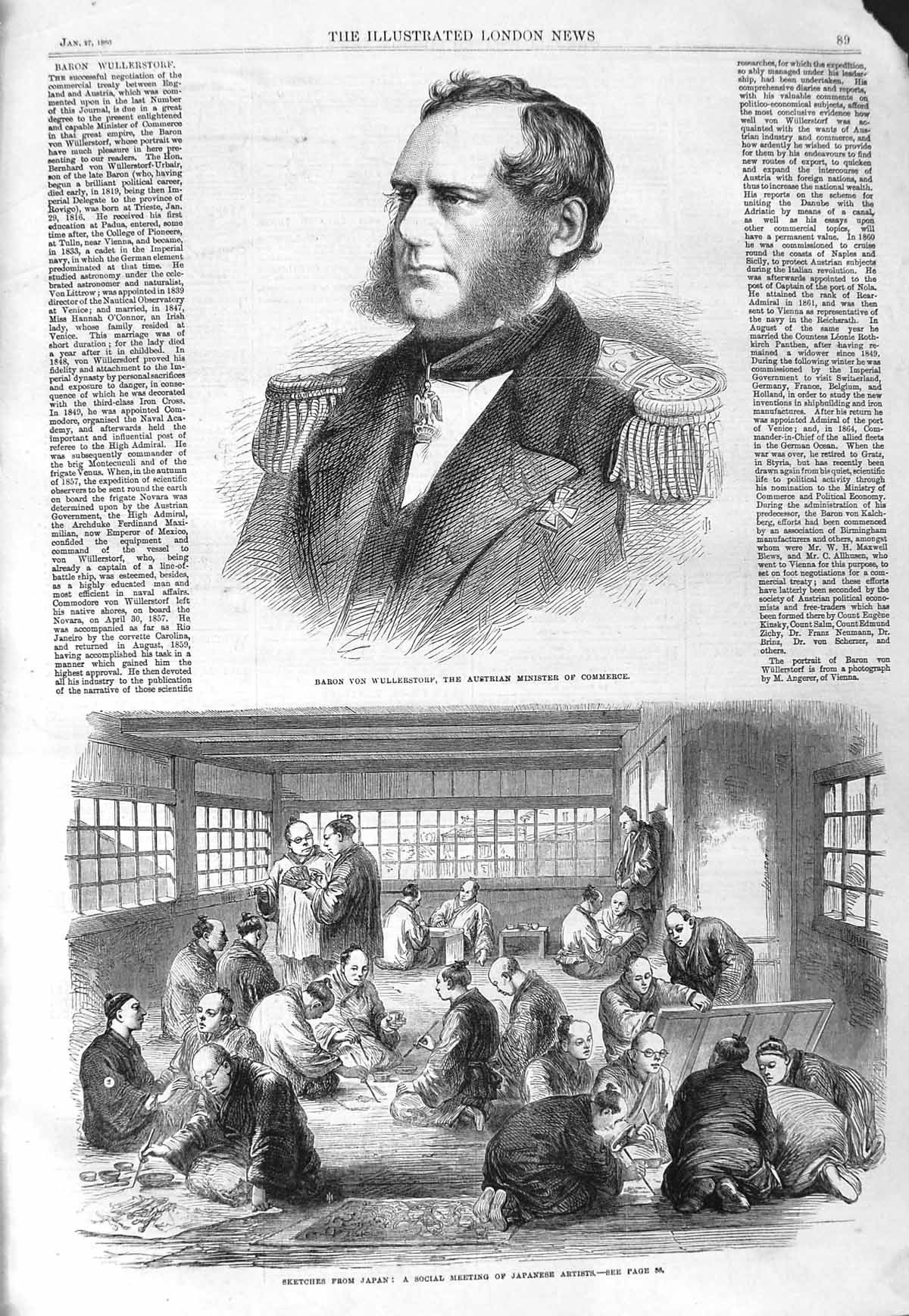 Original Old Antique Print 1866 Baron Von Wullerstorf Australian Japan Artist