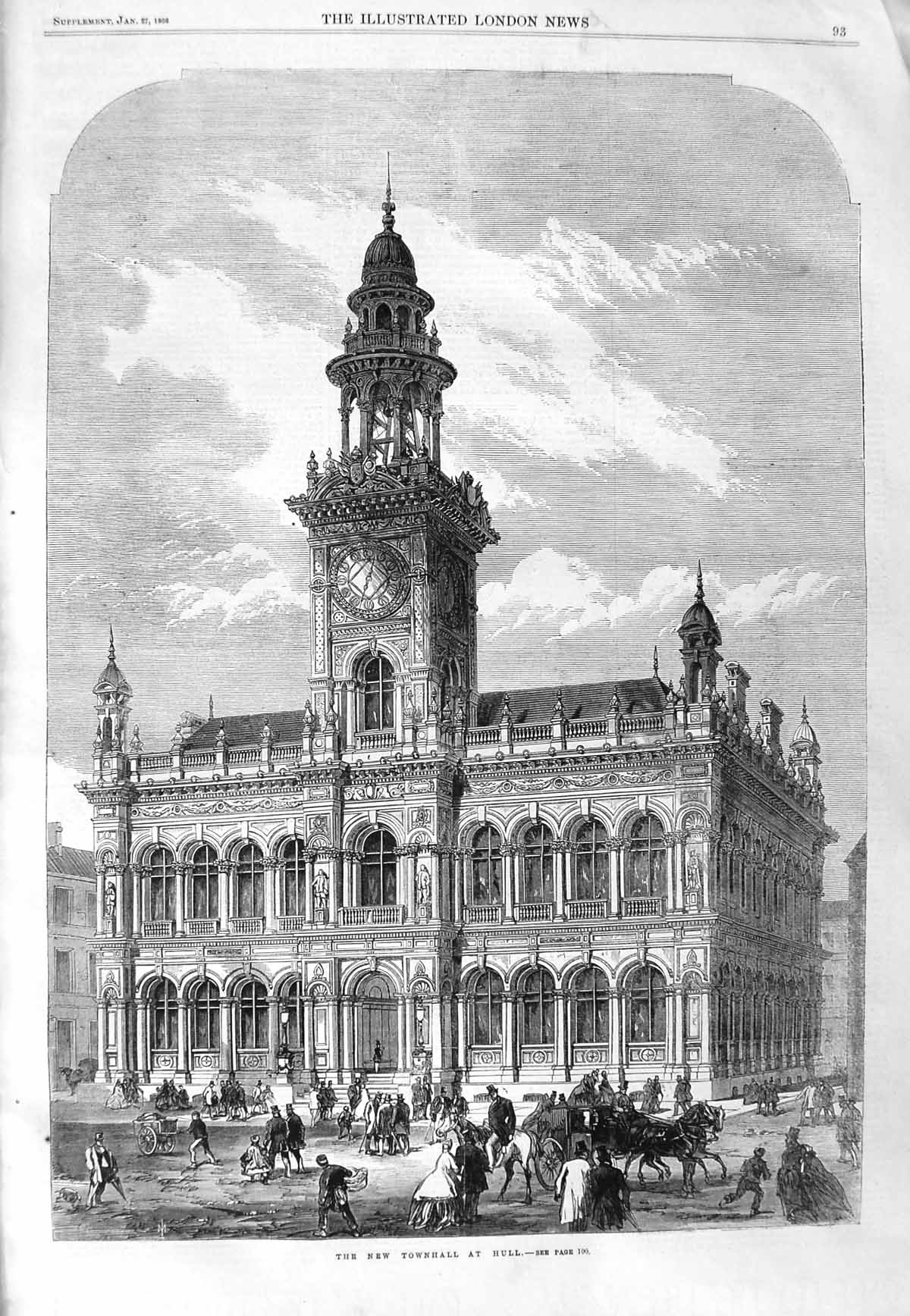 Old Antique Print 1866 New Townhall Hull Building Architecture Fine Art 19th