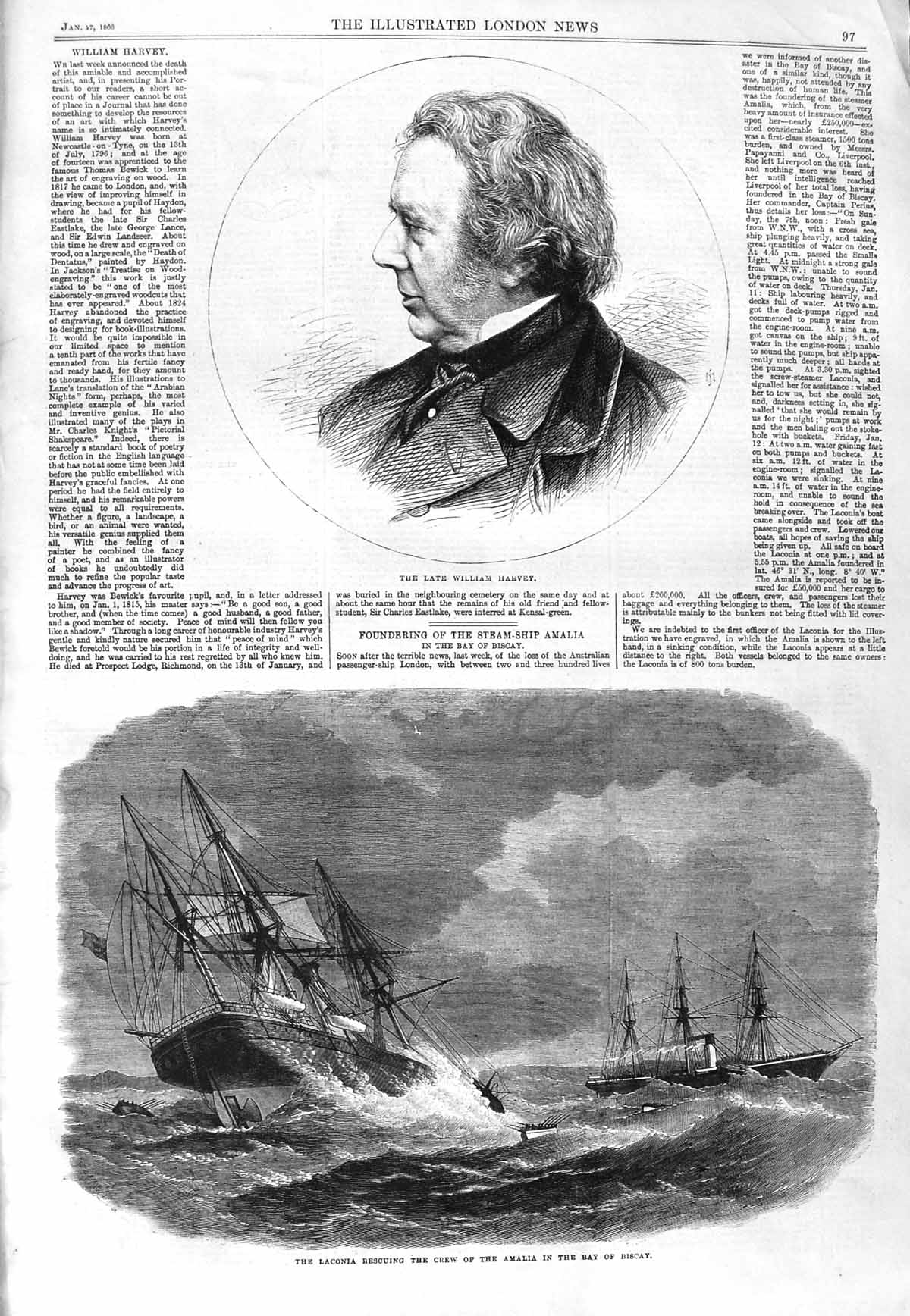 Old Antique Print 1866 William Harvey Laconia Ship Rescue Amalia Biscay 19th