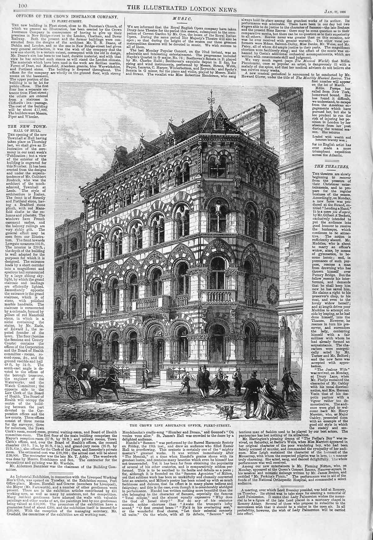 Original Old Antique Print 1866 Crown Life Assurance Office Fleet Street London