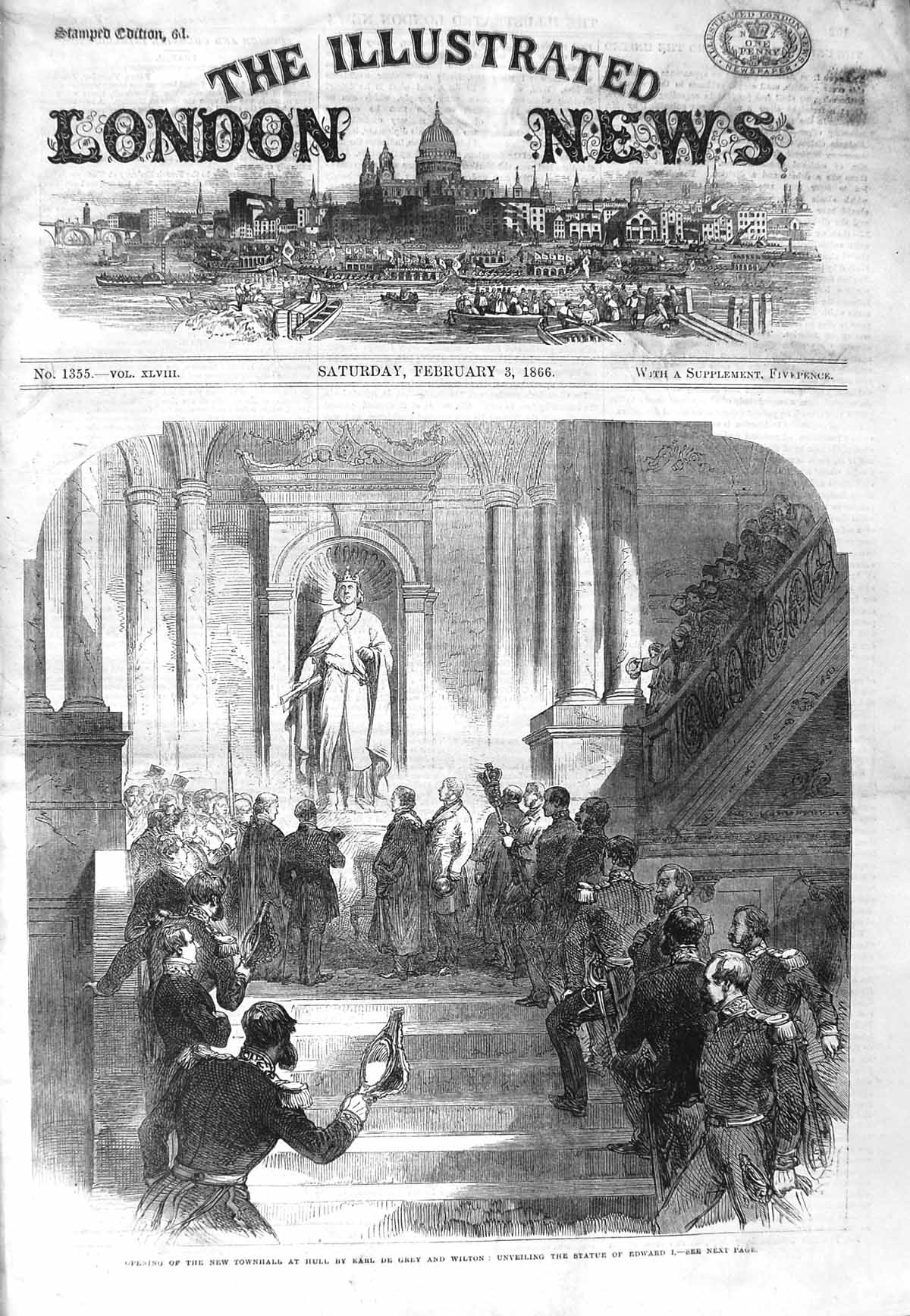 Original Old Antique Print 1866 Townhall Hull Earl De Grey Wilton Statue Edward