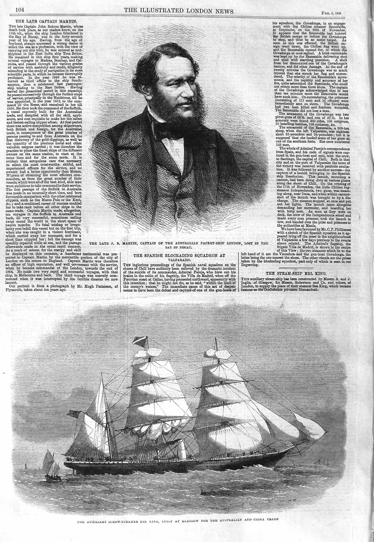 Original Old Antique Print 1866 Martin Captain Australian Ship London Erl King