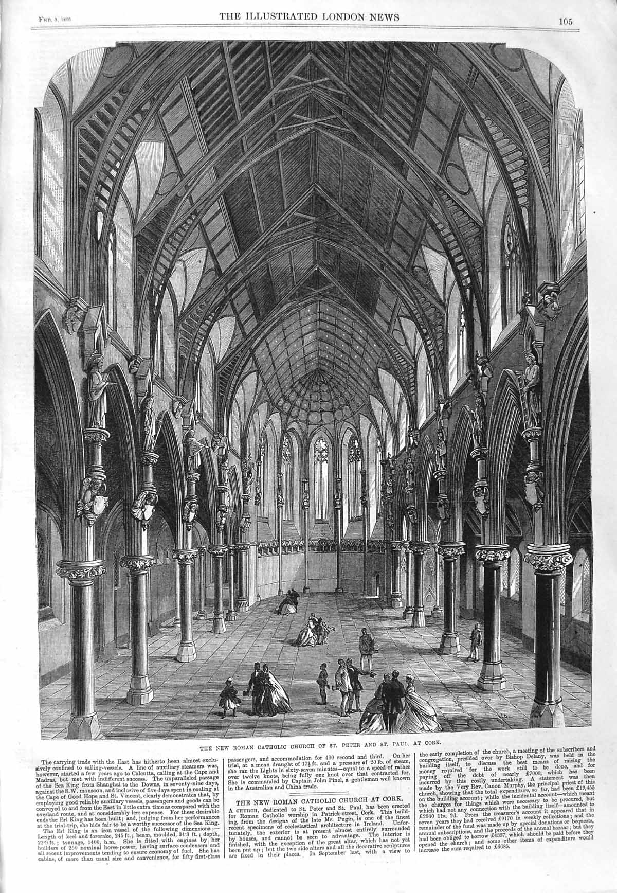 Original Old Antique Print 1866 Roman Catholic Church St. Peter Paul Cork 19th