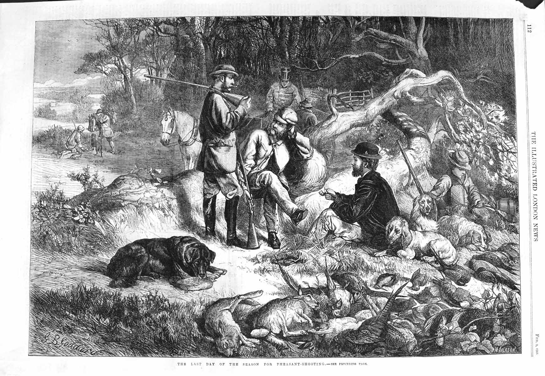 Old Antique Print 1866 Pheasant Shooting Season Hunting Men Dogs Rabbits 19th