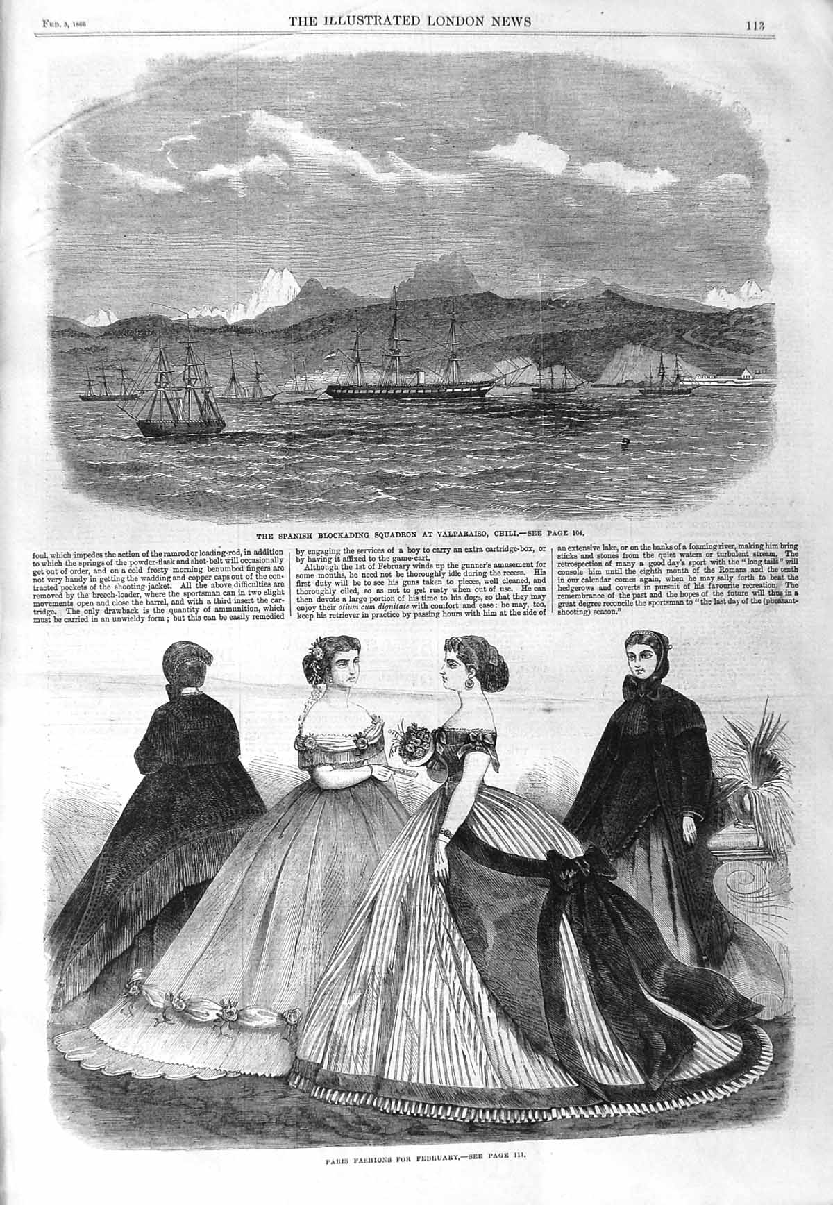 Original Old Antique Print 1866 Paris Fashion Spanish Ships Squadron Valparaiso
