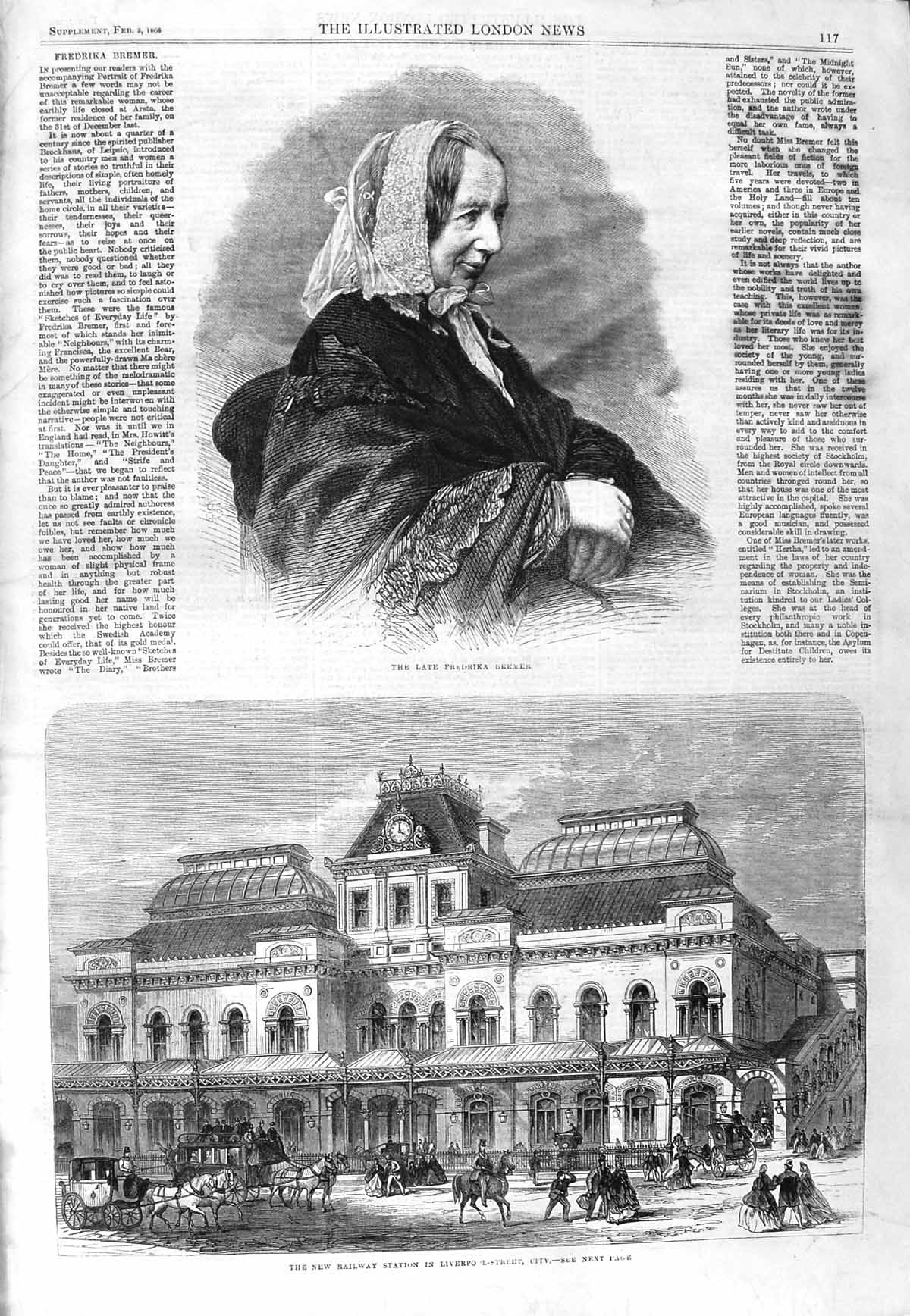 Old Antique Print 1866 Portrait Fredrika Bremer Railway Station Liverpool 19th