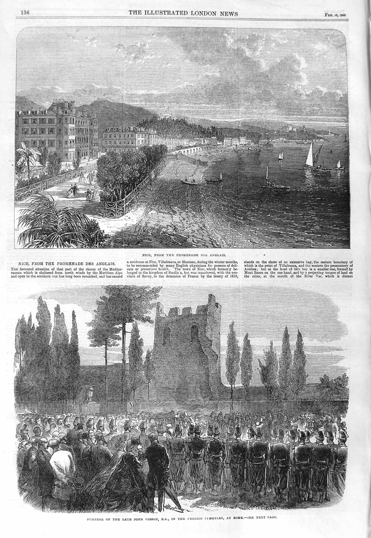 Old Antique Print 1866 Nice Promenade Funeral John Gibson Cemetery Rome 19th