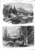 Original Old Antique Print 1866 Cascade Mountains Railway Oregon Mount Helens