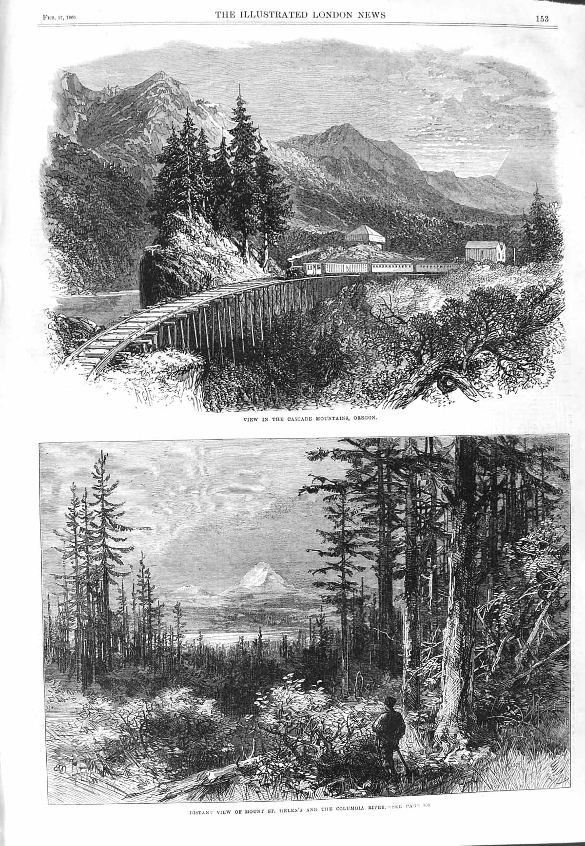 Original Old Antique Print 1866 Cascade Mountains Railway Oregon Mount Helens