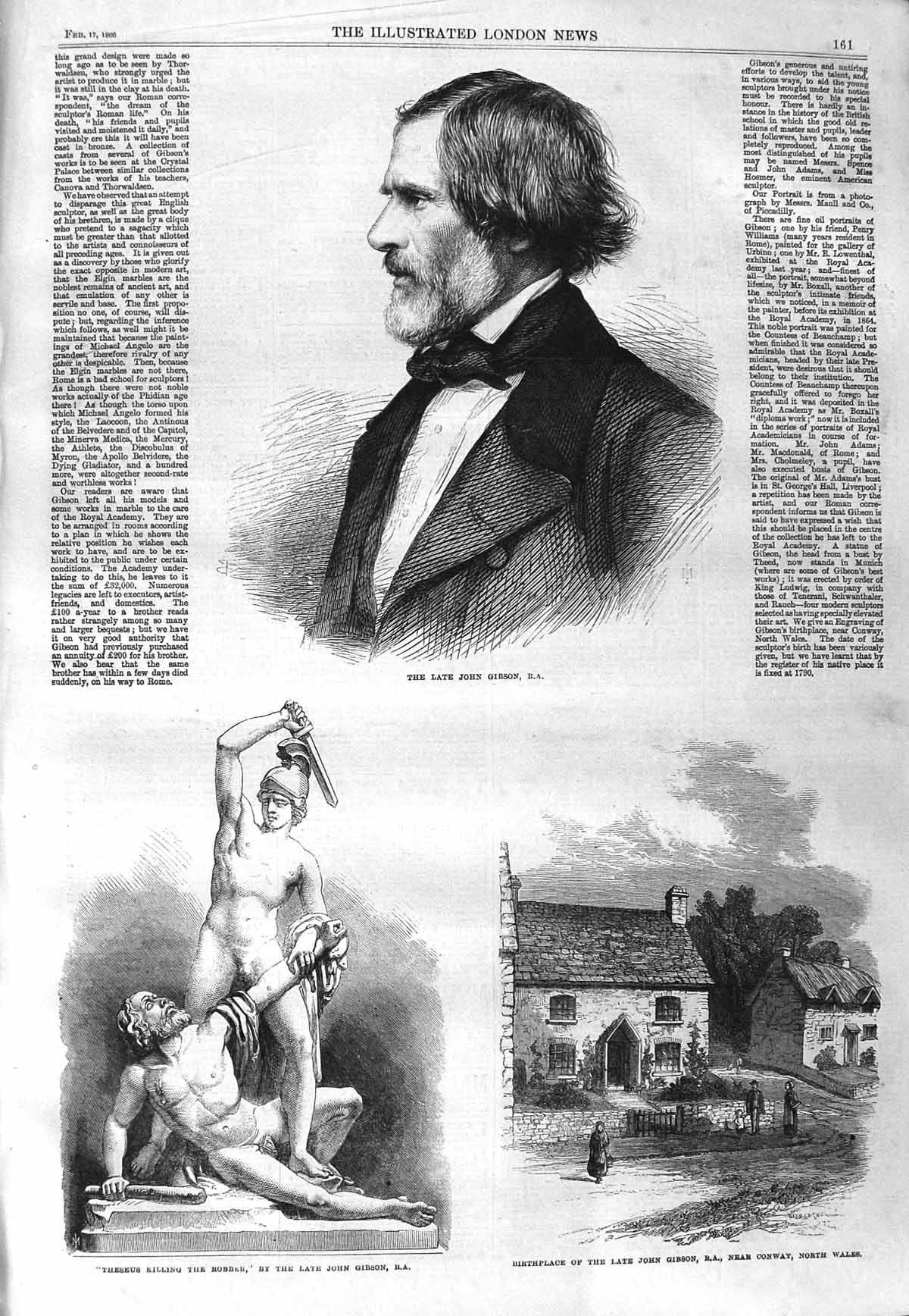 Original Old Antique Print 1866 John Gibson Conway Statue Theseus Killing 19th