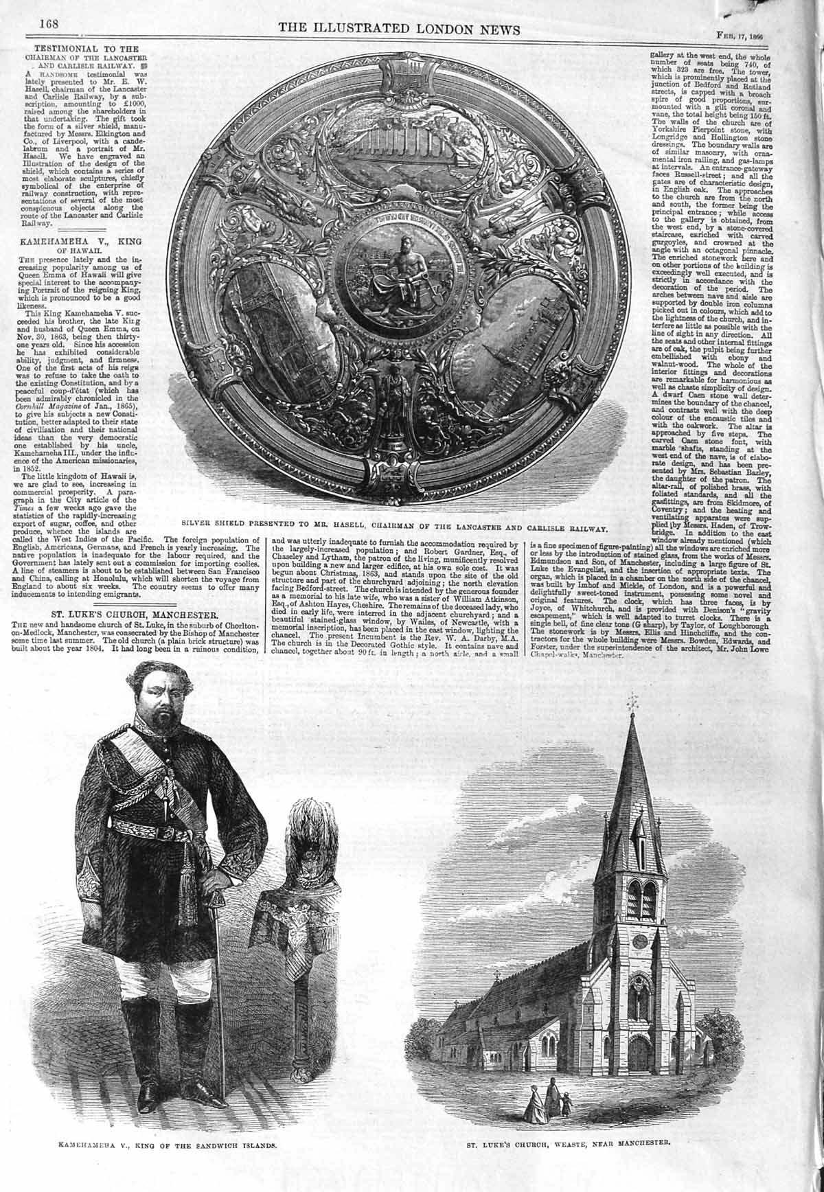 Old Antique Print 1866 Silver Shield Hasell Kamehameha Church Manchester 19th