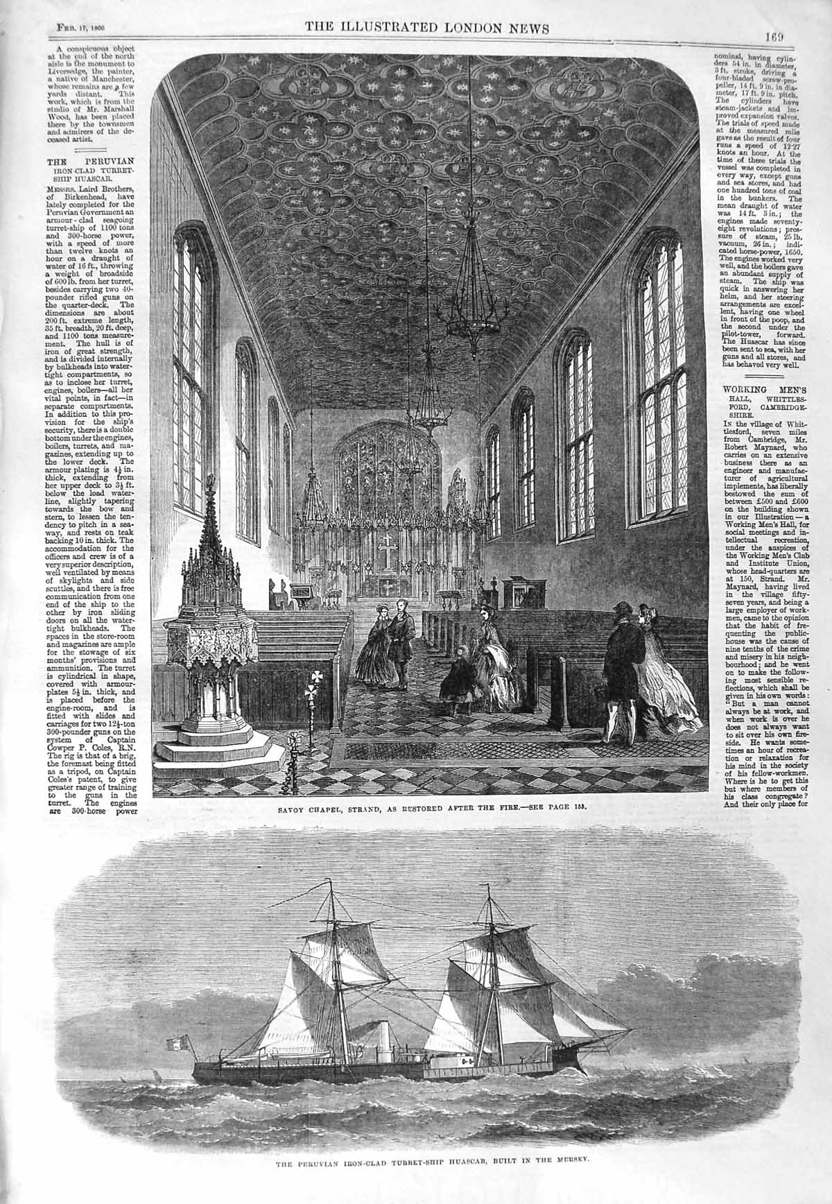 Original Old Antique Print 1866 Savoy Chapel Strand Peruvian Turret Ship 19th