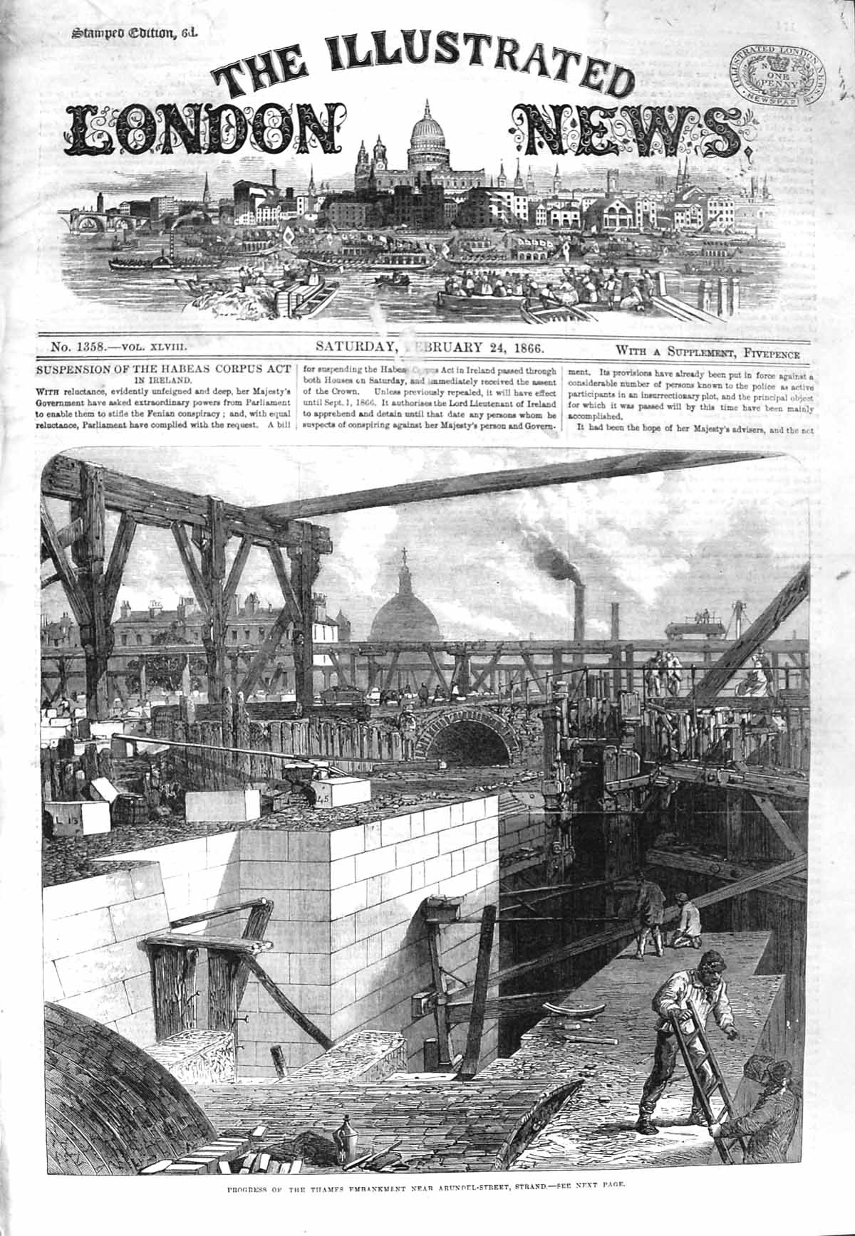 Original Old Antique Print 1866 Thames Embankment Arundel Street Strand London
