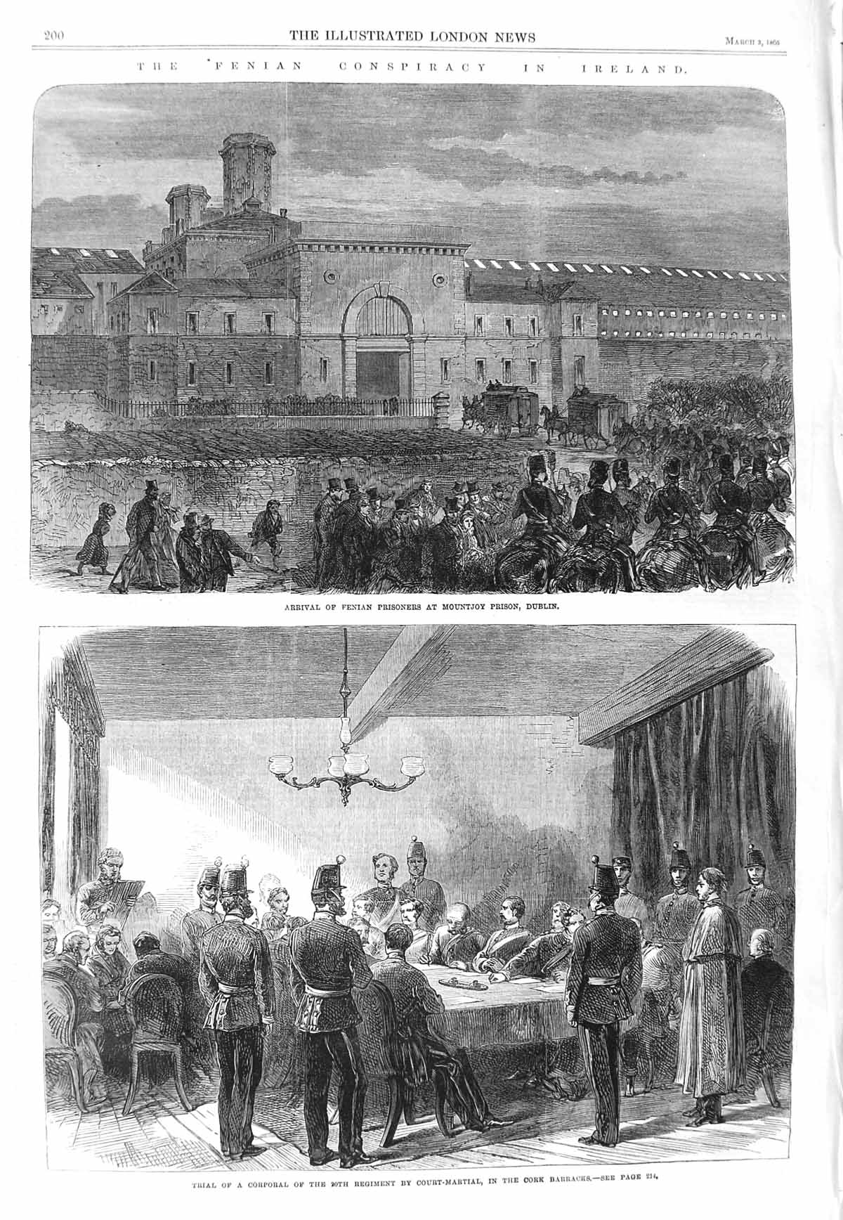Original Old Antique Print 1866 Fenian Prisoners Mountjoy Prison Dubl Victorian