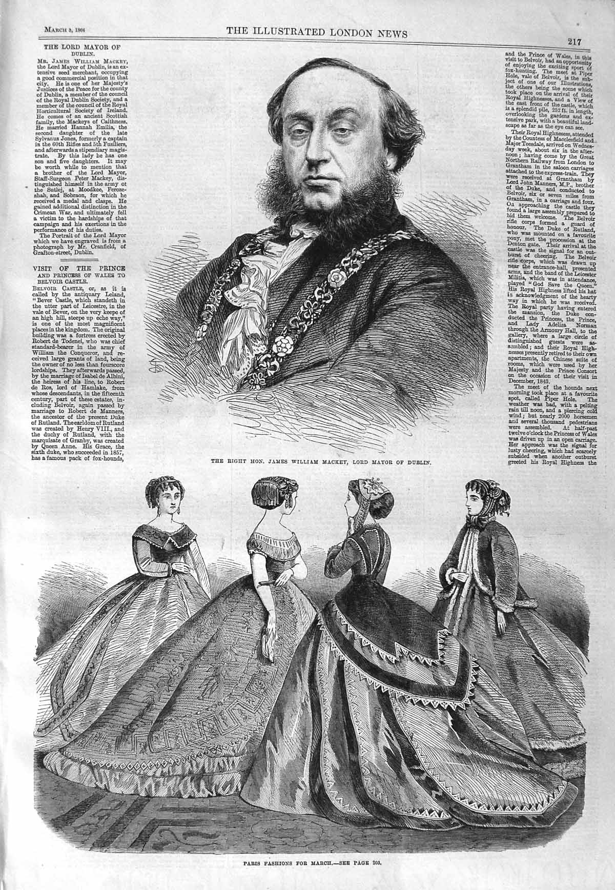 Original Old Antique Print 1866 James William Mackey Mayor Dublin Paris Fashion