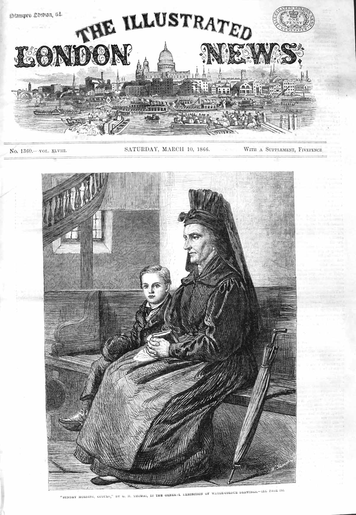 Original Old Antique Print 1866 Sunday Morning Church Scene Coburg Lady Boy