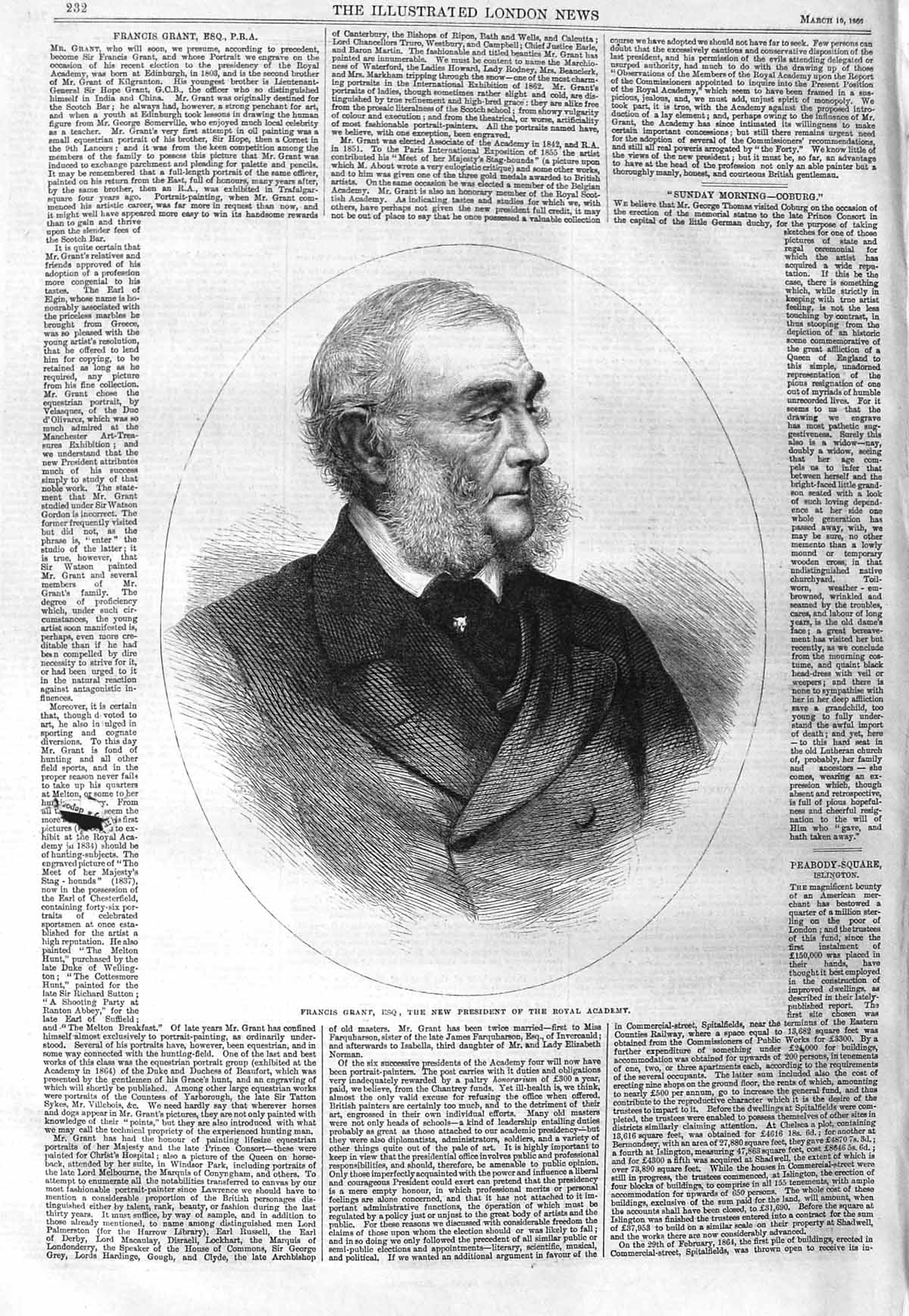 Original Old Antique Print 1866 Portrait Francis Grant President Royal Academy