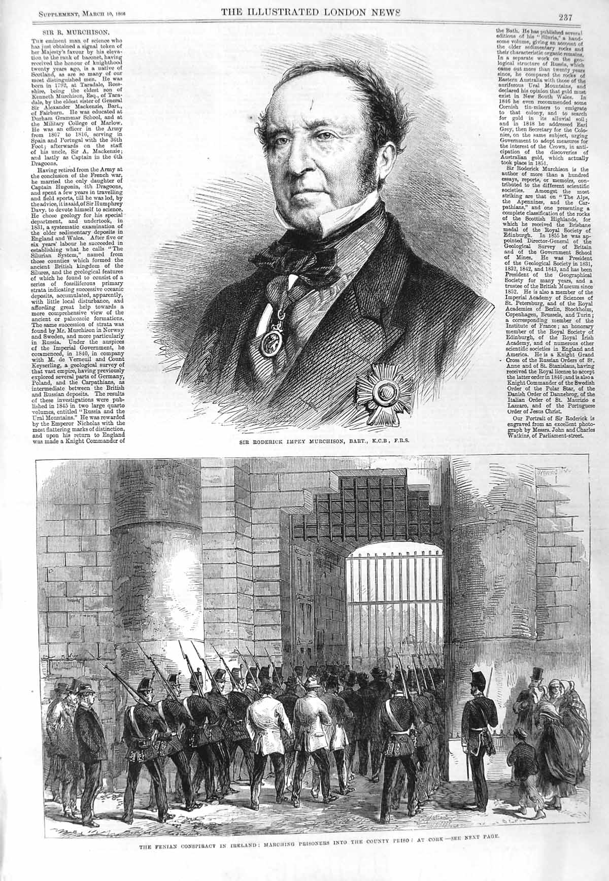 Original Old Antique Print 1866 Roderick Impey Murchison Fenian Ireland 19th