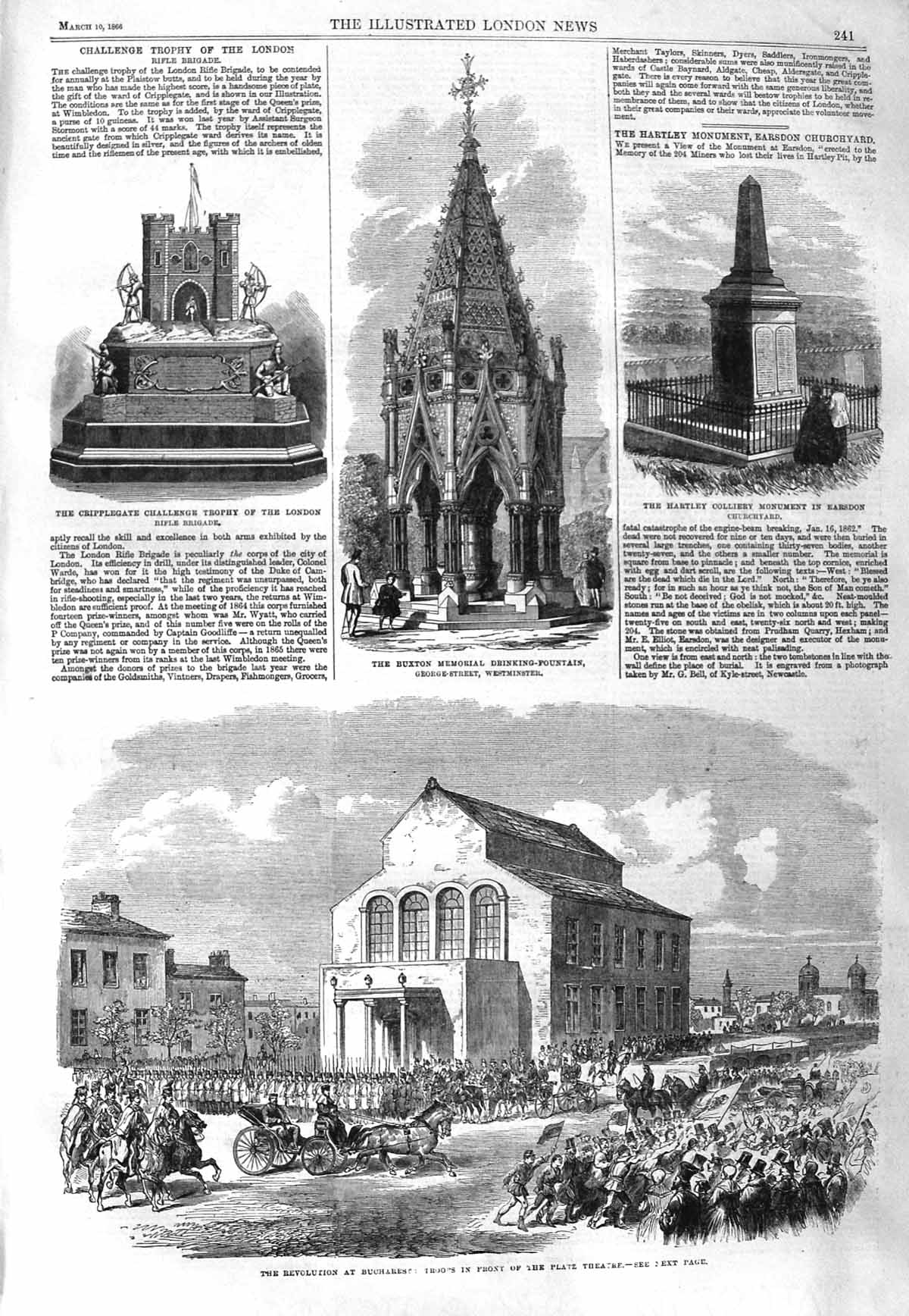 Original Old Antique Print 1866 Buxton Memorial Westminster Bucharest Earsdon