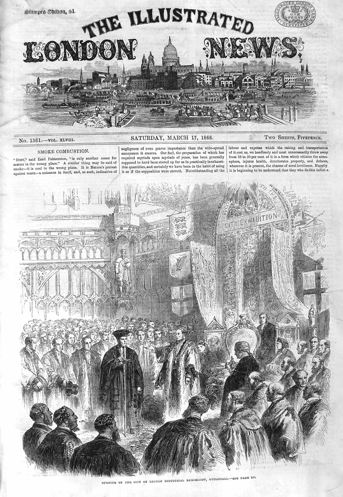 Original Old Antique Print 1866 Opening London Industrial Exhibition Guildhall