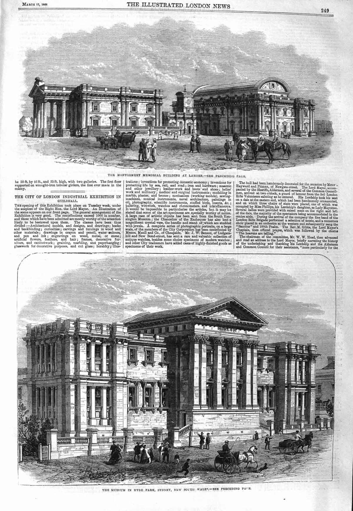 Old Antique Print 1866 Montgomery Memorial Building Lahore Museum Sydney 19th