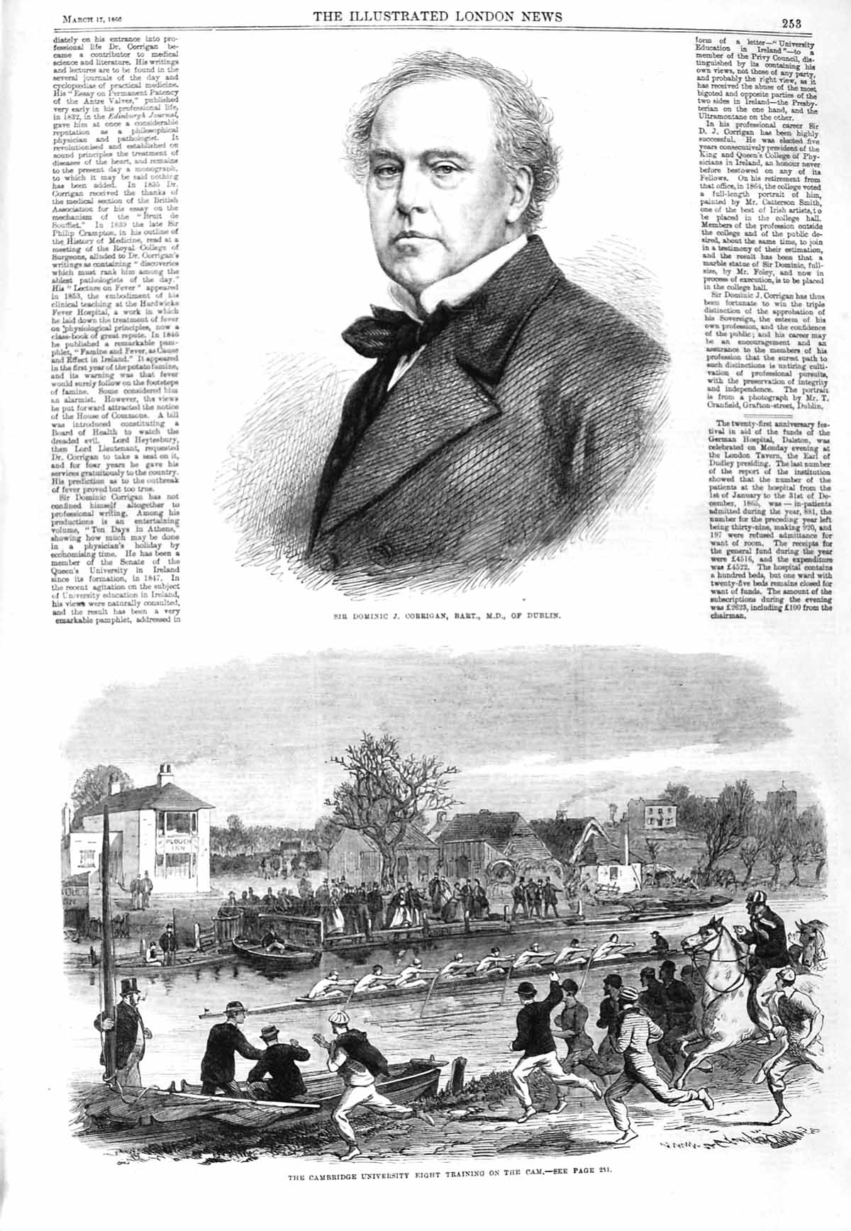 Original Old Antique Print 1866 Sir Dominoc Corrigan Cambridge University Boat