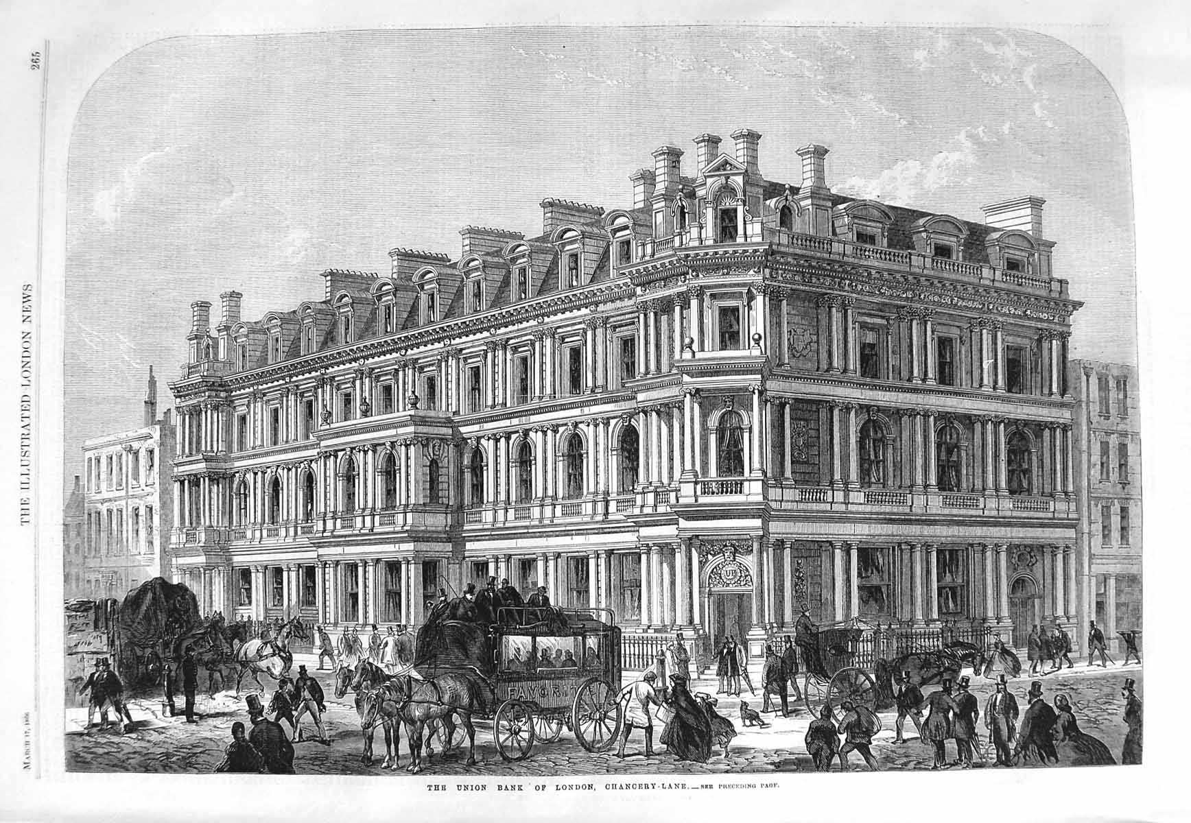 Original Old Antique Print 1866 Architecture Union Bank London Chancery Lane