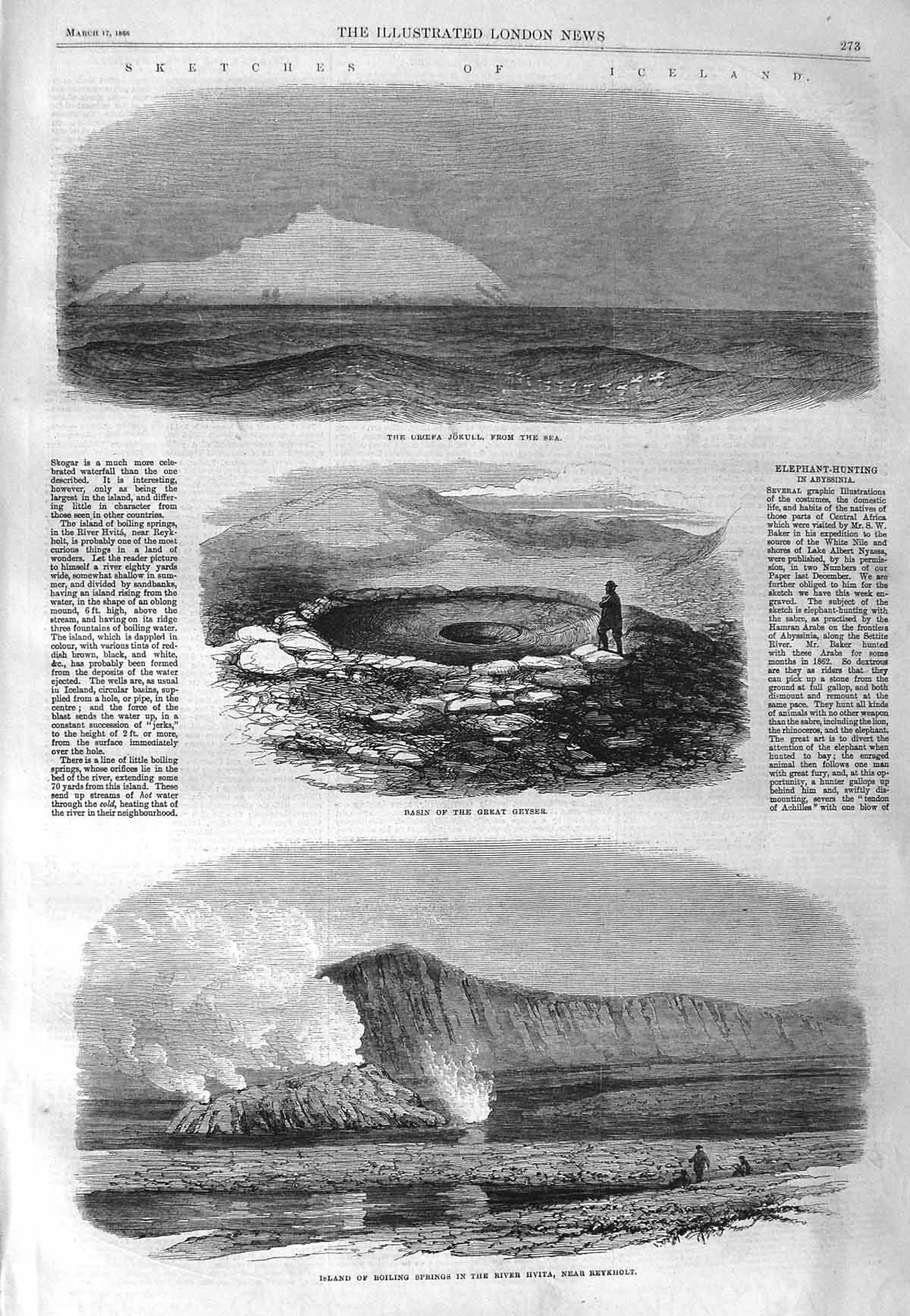 Old Antique Print 1866 Iceland Oroefa Jokull Geyser River Hvita Reykholt 19th