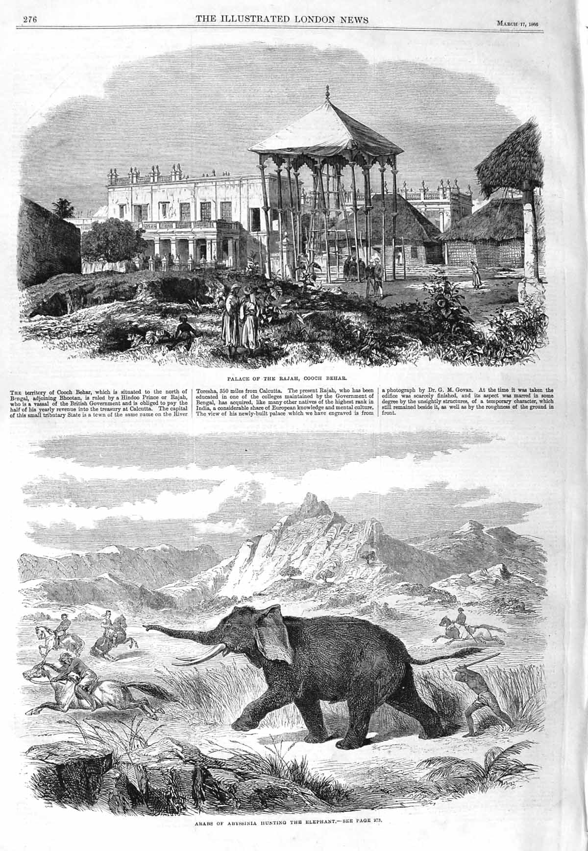 Old Antique Print 1866 Palace Rajah Cooch Behar Arabs Abyssinia Elephant 19th