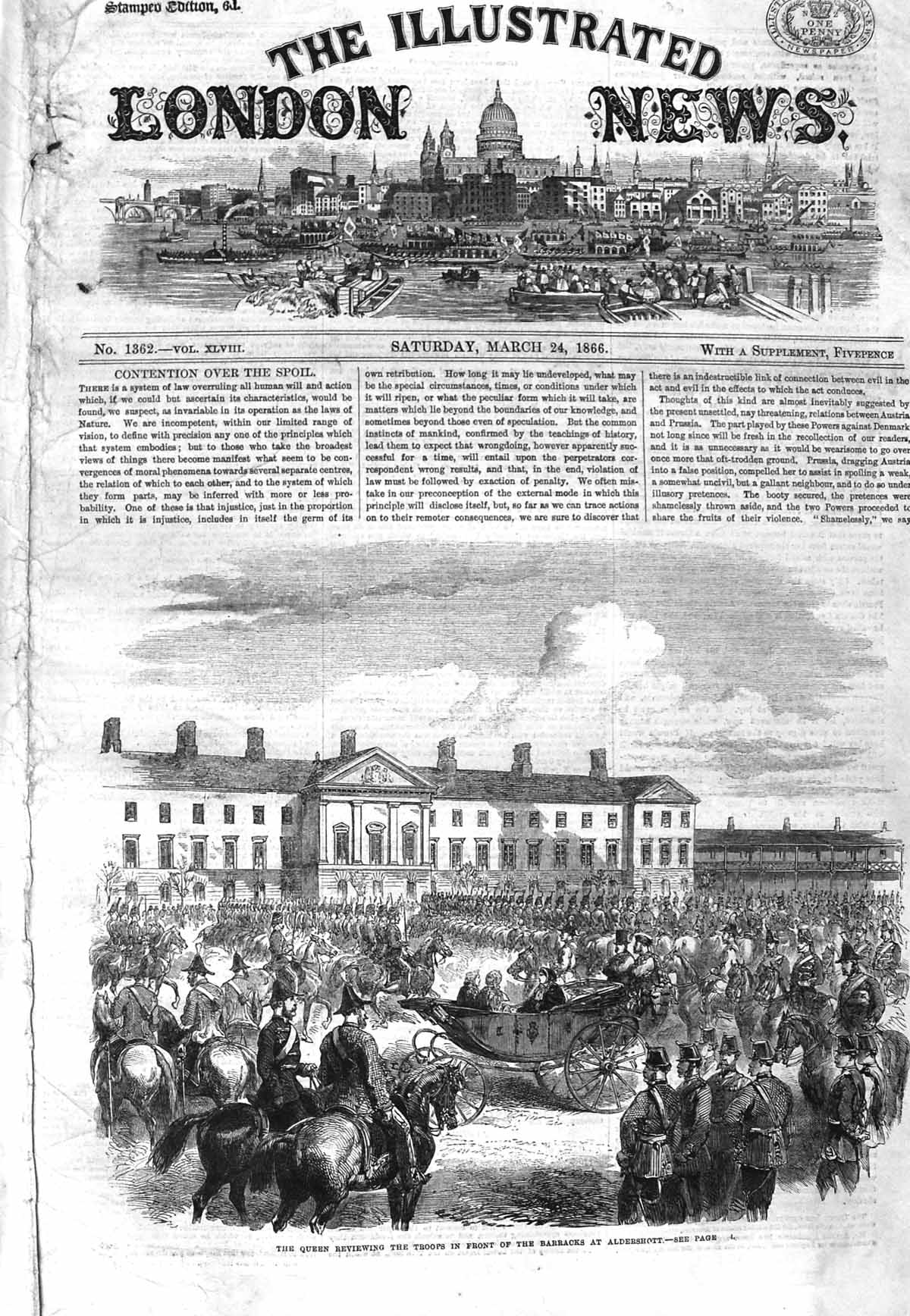 Original Old Antique Print 1866 Queen Reviewing Troops Barracks Aldershott Army