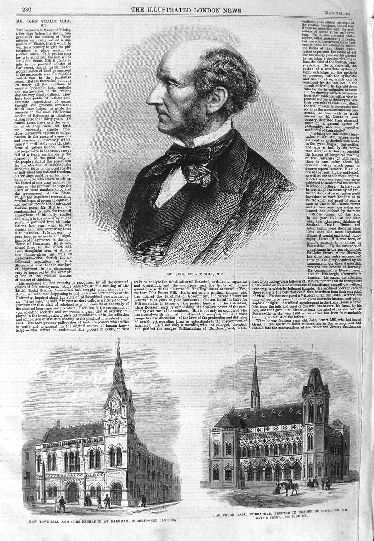 Old Antique Print 1866 John Stuart Mill Corn-Exchange Farnham Kurrachee 19th